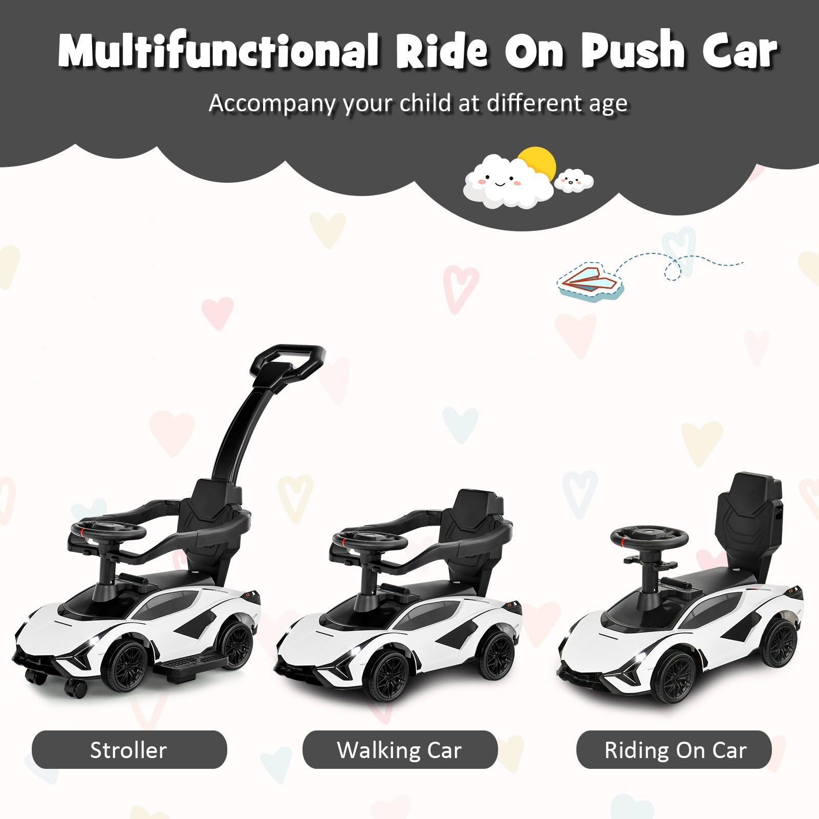 OLAKIDS 3 in 1 Ride on Push Car, Licensed Lamborghini Baby Stroller Sliding Walking Car
