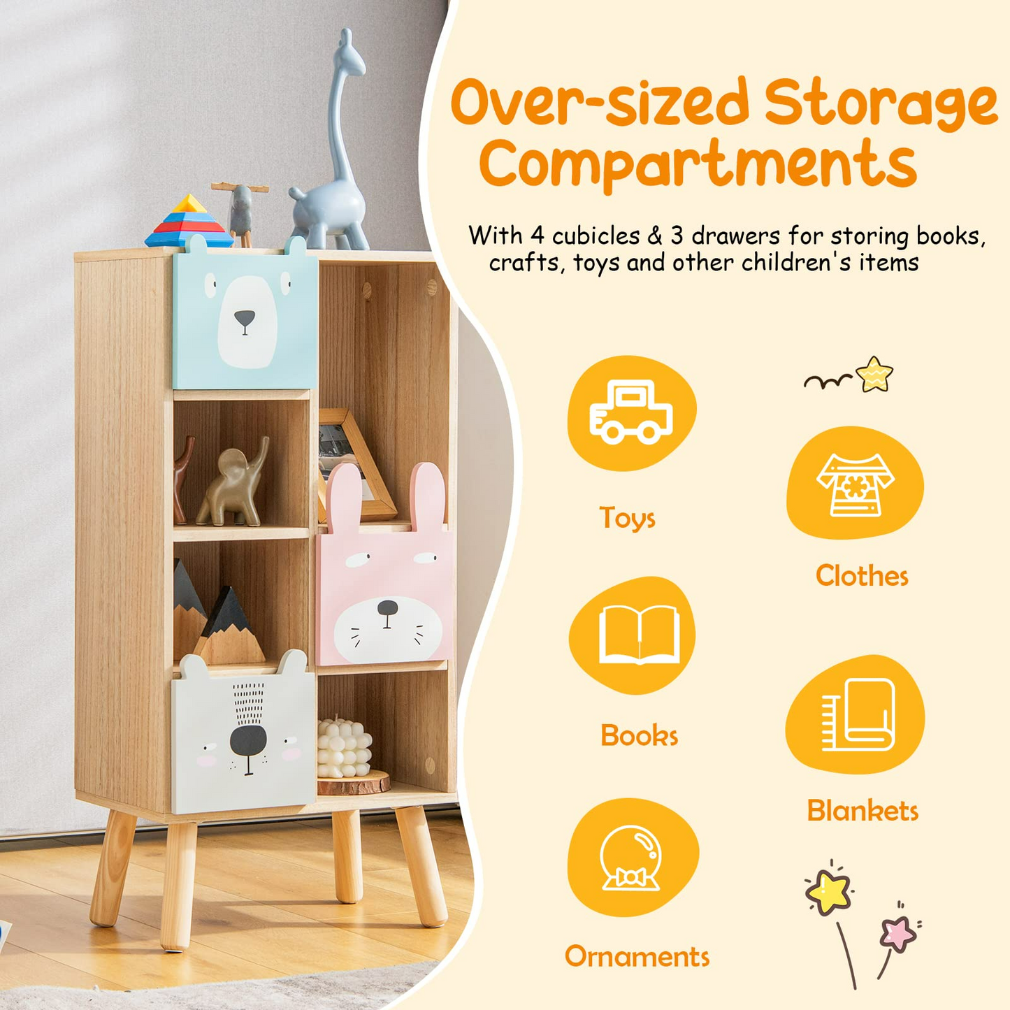 OLAKIDS Kids Bookcase Toy Storage Organizer, Children Storage Cabinet with 3 Slide Drawers and 4 Cubes OLAKIDS