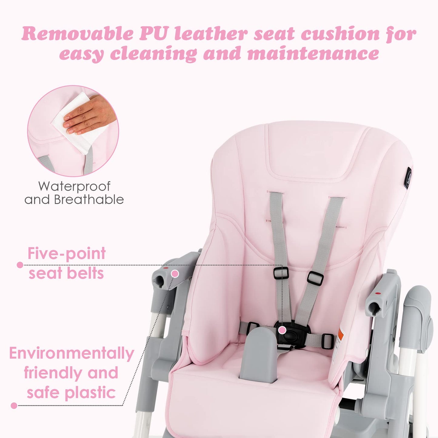 INFANS High Chair for Babies & Toddlers, Foldable Highchair with Multiple Adjustable Backrest Footrest Seat Height, Removable Tray, Detachable PU Leather Cushion, Built-in Rear Wheels