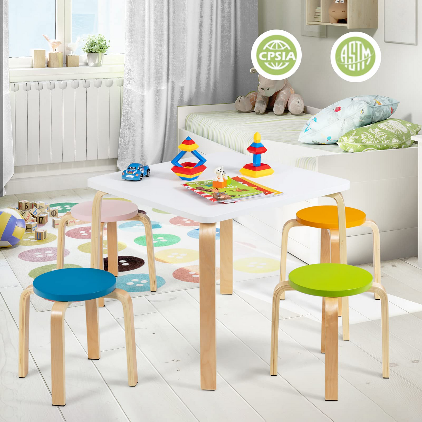 5-Piece Activity Table with 4 Stool for Toddler Drawing Reading OLAKIDS