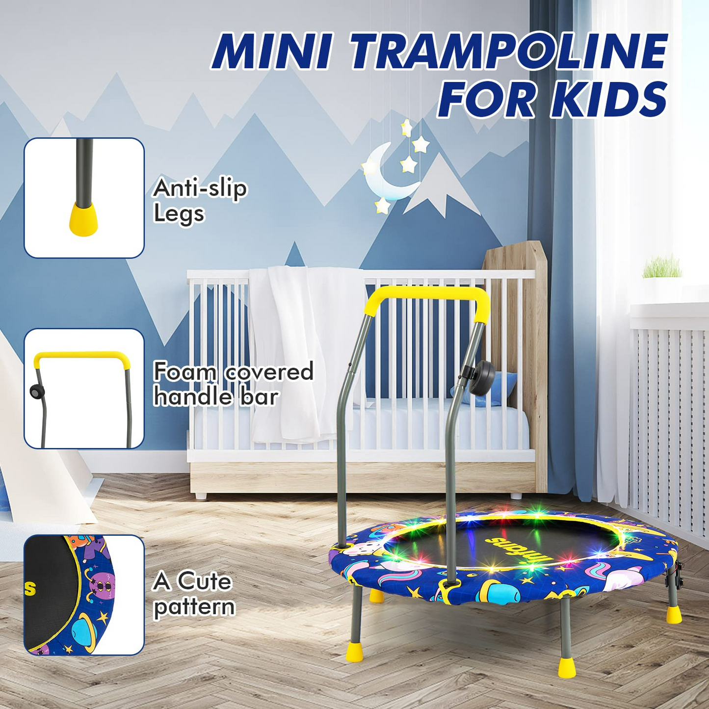 OLAKIDS 36" Foldable Mini Trampoline with Bluetooth Audio LED Lights Detachable Handrail Safty Padded Cover OLAKIDS