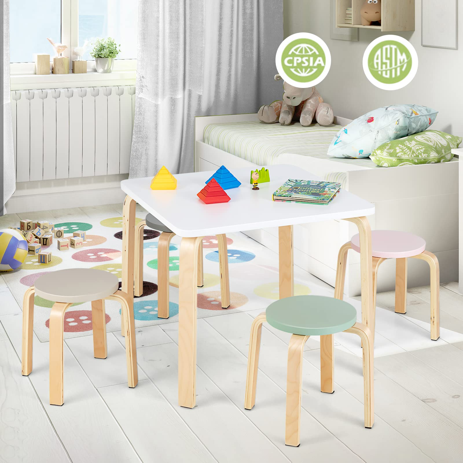 5-Piece Activity Table with 4 Stool for Toddler Drawing Reading OLAKIDS