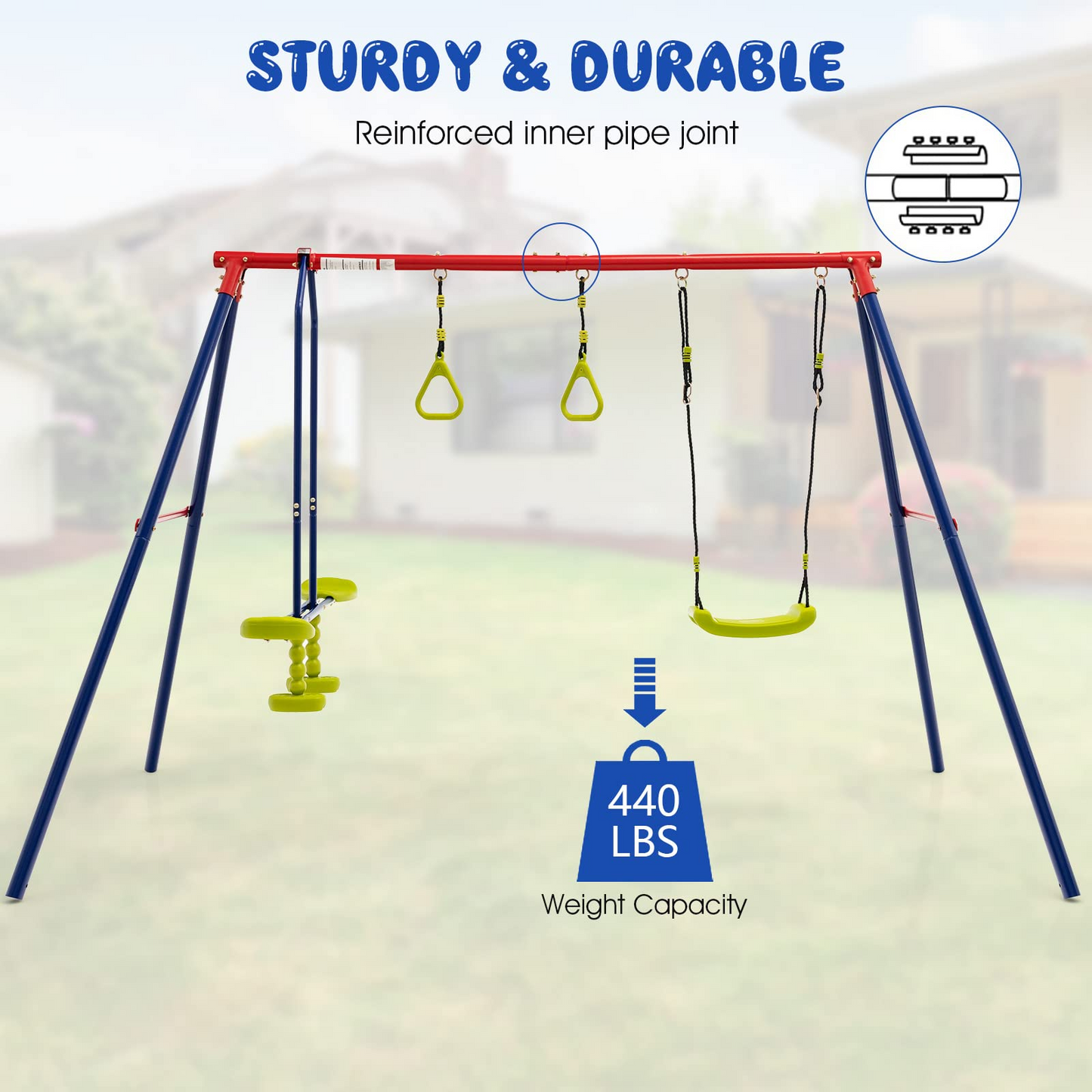 OLAKIDS 440lbs Swing Set, Outdoor 3 in 1 A-Frame Heavy Duty Metal Stand for Kids and Adults, Backyard Playground Activity Playset with Swing Seat, Glider, Trapeze Rings for Toddlers OLAKIDS