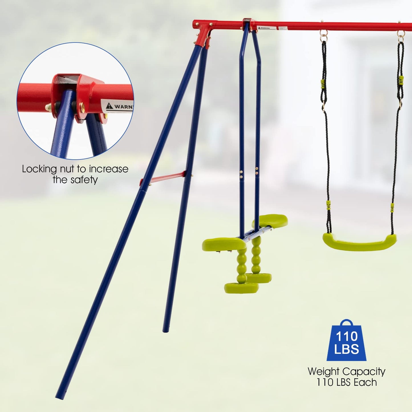 OLAKIDS 660lbs Swing Set, Outdoor A-Frame Heavy Duty Metal Swing Stand for Kids Adults, Backyard Playground Activity Playset with Slide, 2 Swings, Glider, Trapeze Rings, Monkey Bar, Basketball Hoop OLAKIDS