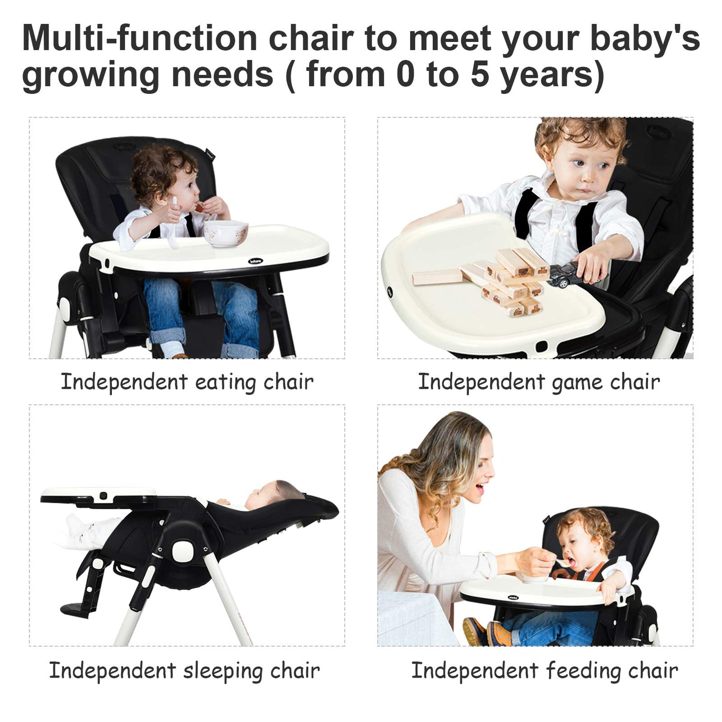 INFANS High Chair for Babies & Toddlers, Foldable Highchair with Multiple Adjustable Backrest Footrest Seat Height, Removable Tray, Detachable PU Leather Cushion, Built-in Rear Wheels