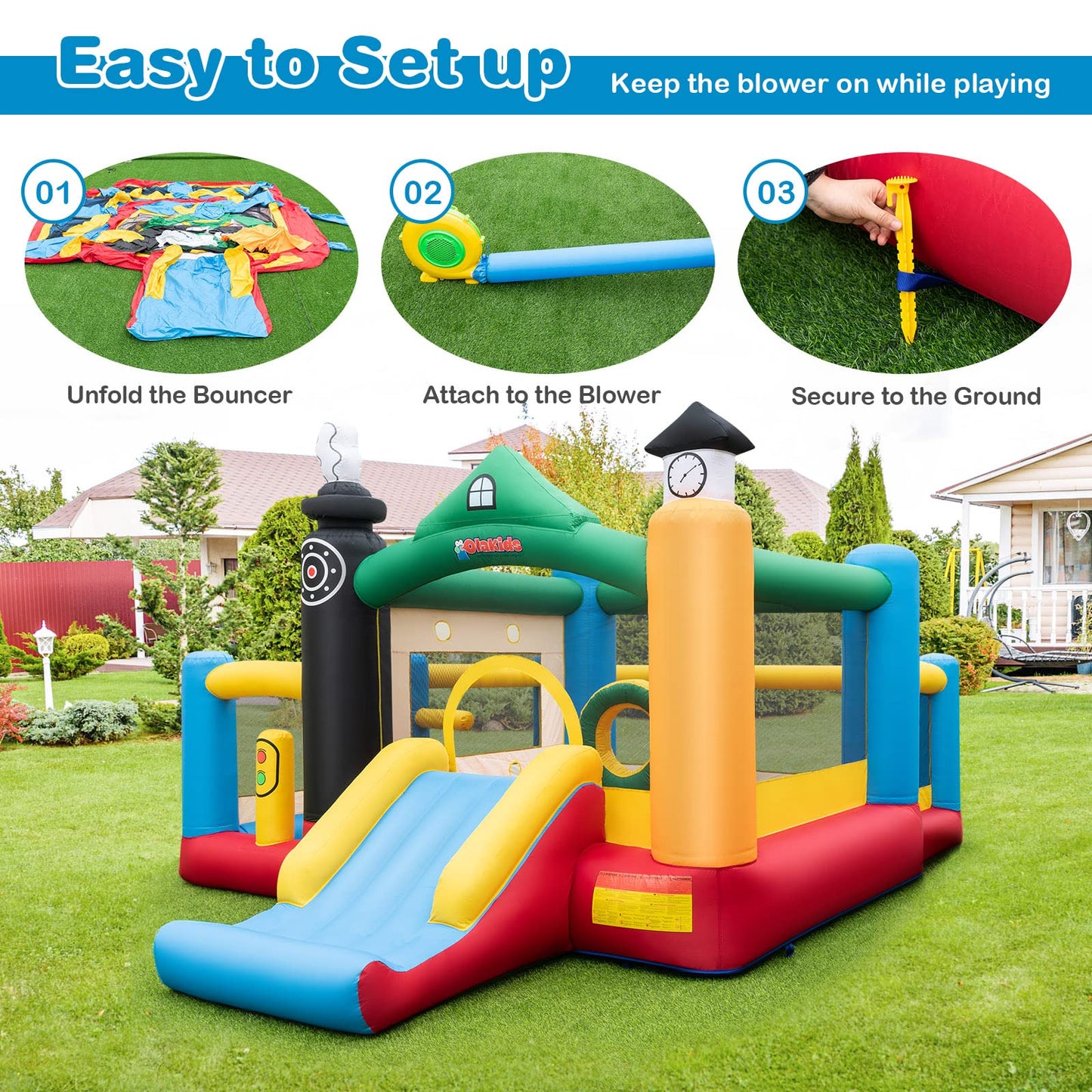 OLAKIDS Inflatable Bounce House, Train Theme Kids Jumping Castle with Slide Ball Pit Basketball Rim