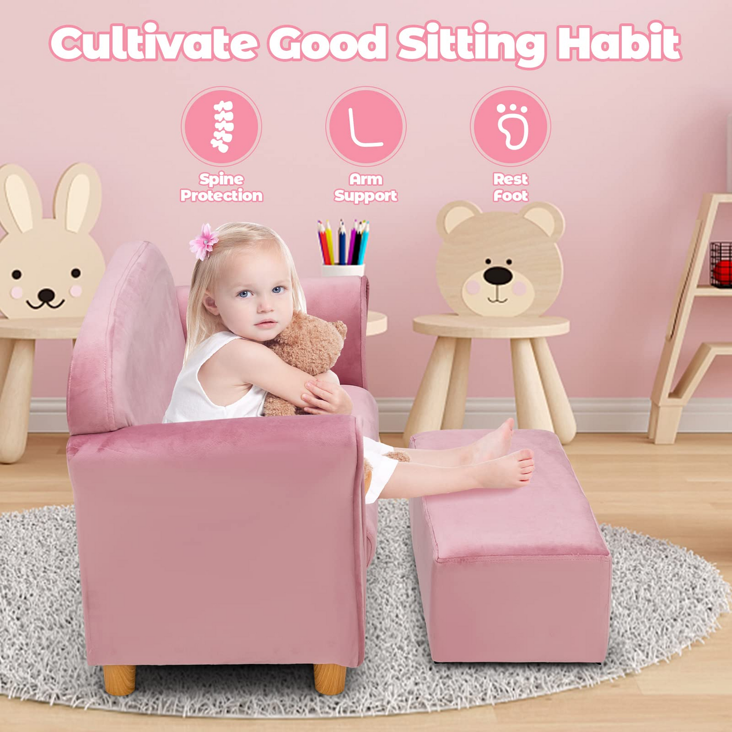 OLAKIDS Kids Sofa with Footstool, 2 Seat Toddler Upholstered Couch, Children Armrest Chair Lounge for Bedroom Nursery Kindergarten Kids Room Boys Girls OLAKIDS