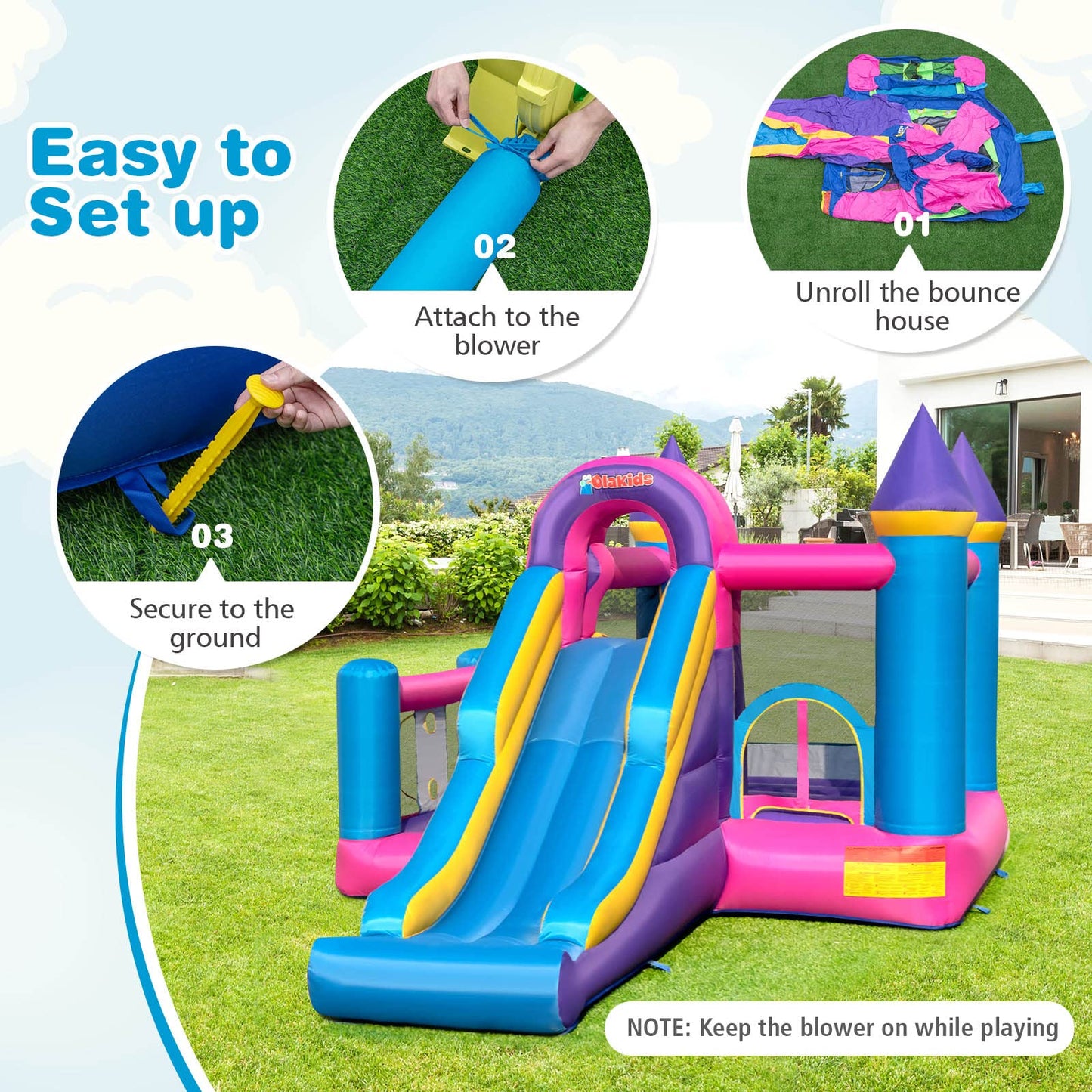 OLAKIDS Inflatable Bounce House, Kids Pink Jumping Castle with Slide, Ball Pit, Climbing Wall, Basketball Rim