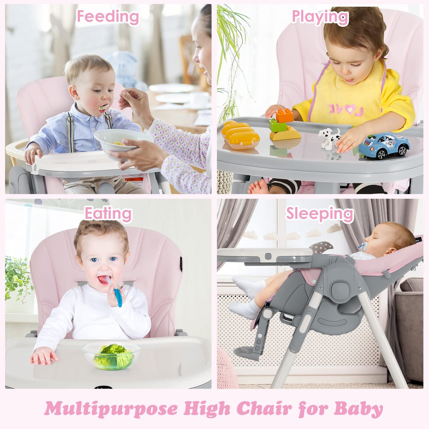 INFANS High Chair for Babies & Toddlers, Foldable Highchair with Multiple Adjustable Backrest Footrest Seat Height, Removable Tray, Detachable PU Leather Cushion, Built-in Rear Wheels