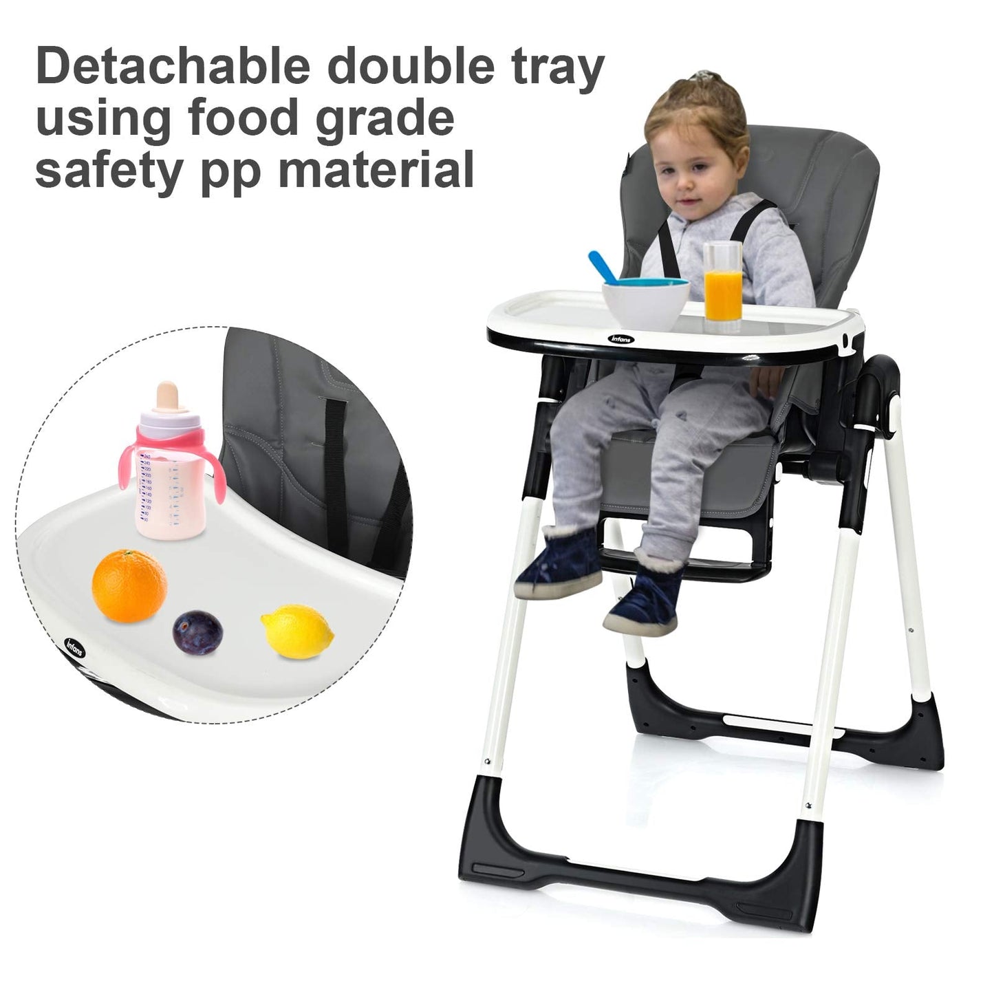 INFANS High Chair for Babies & Toddlers, Foldable Highchair with Multiple Adjustable Backrest Footrest Seat Height, Removable Tray, Detachable PU Leather Cushion, Built-in Rear Wheels