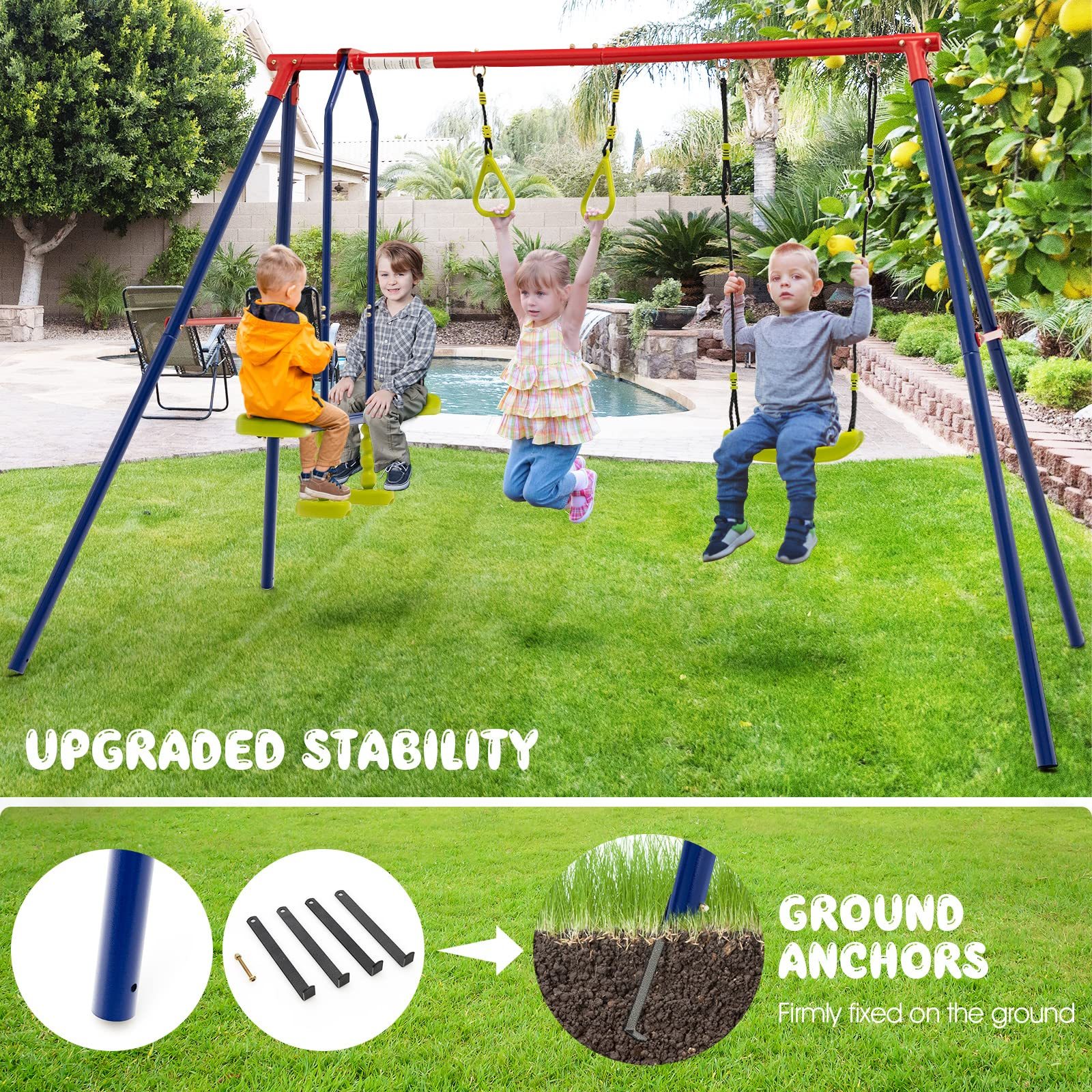 OLAKIDS 440lbs Swing Set, Outdoor 3 in 1 A-Frame Heavy Duty Metal Stand for Kids and Adults, Backyard Playground Activity Playset with Swing Seat, Glider, Trapeze Rings for Toddlers OLAKIDS