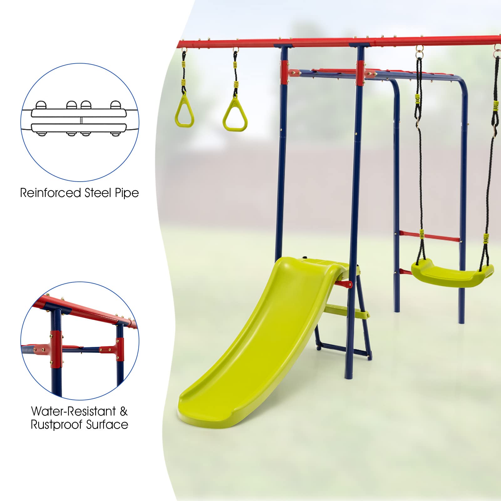 OLAKIDS 660lbs Swing Set, Outdoor A-Frame Heavy Duty Metal Swing Stand for Kids Adults, Backyard Playground Activity Playset with Slide, 2 Swings, Glider, Trapeze Rings, Monkey Bar, Basketball Hoop OLAKIDS