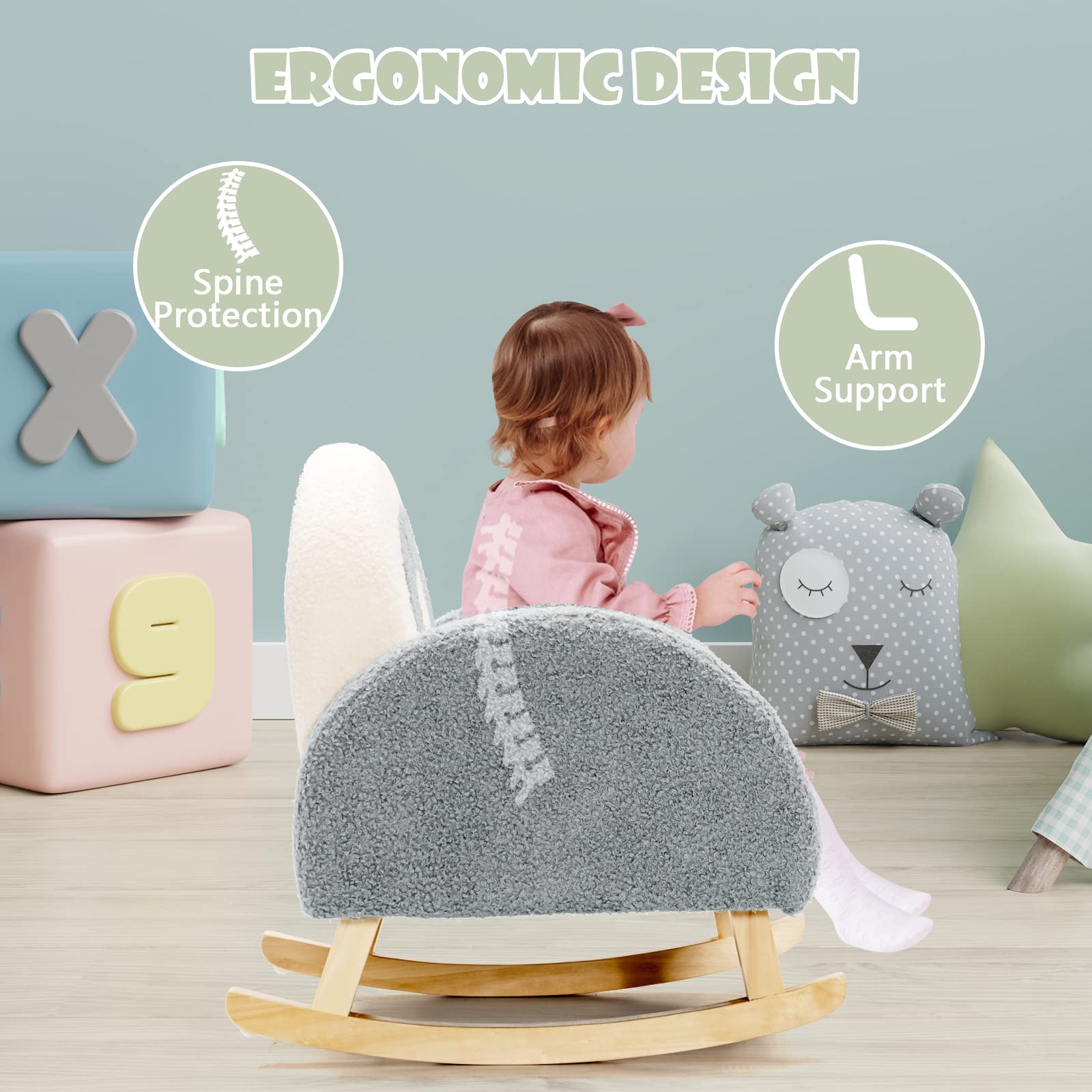 OLAKIDS Kids Sofa, Toddler Rocking Chair with Solid Wooden Frame, Anti-Tipping Design, Plush Fabric, Children Armchair OLAKIDS