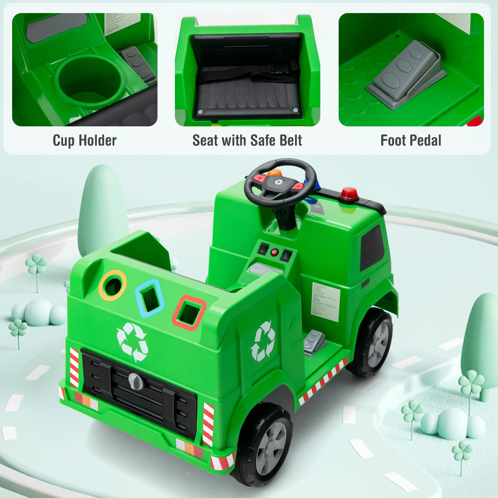 OLAKIDS Ride on Car 6V Recycling Garbage Truck Electric Vehicle with Music Horn Warning Lights