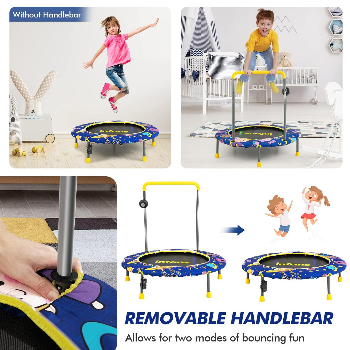 OLAKIDS 36" Foldable Mini Trampoline with Bluetooth Audio LED Lights Detachable Handrail Safty Padded Cover OLAKIDS