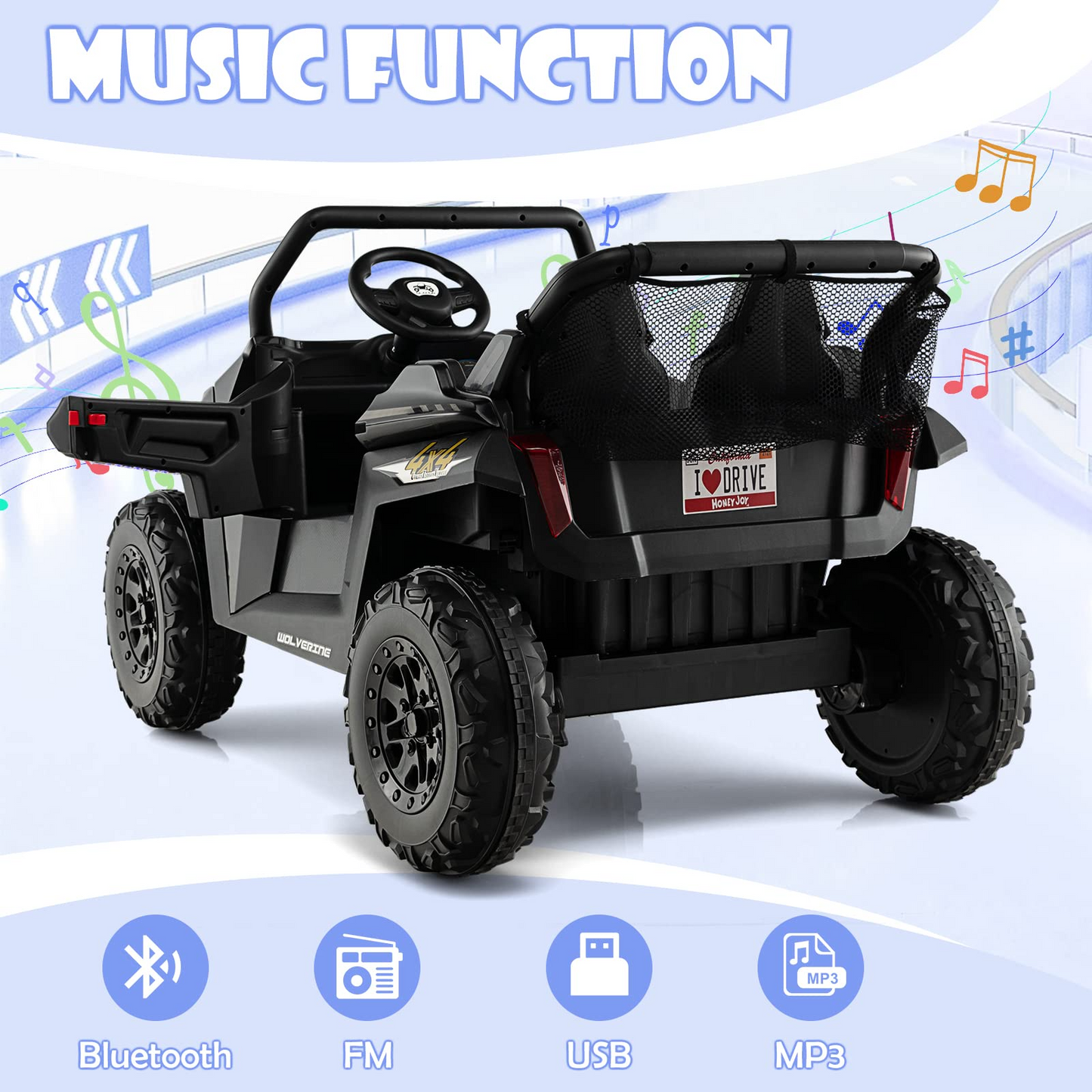 2 Seater Kids Ride On Car, 12V Electric Truck UTV with Remote Control OLAKIDS