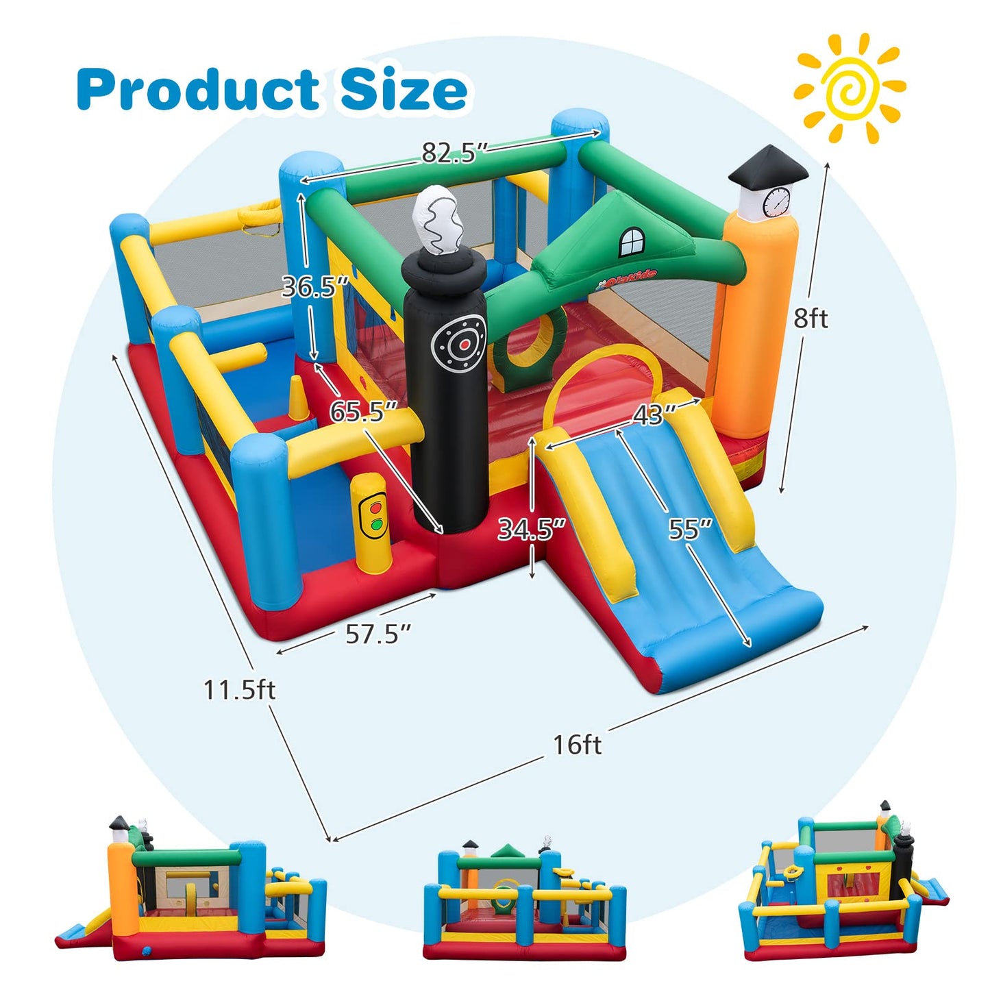 OLAKIDS Inflatable Bounce House, Train Theme Kids Jumping Castle with Slide Ball Pit Basketball Rim