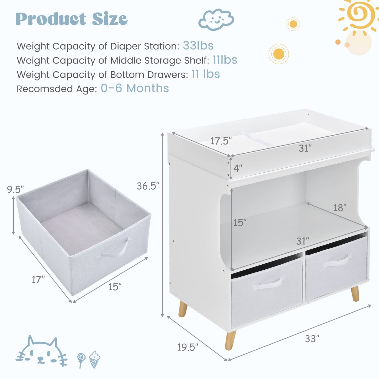 OLAKIDS Baby Changing Table, Wood Diaper Dresser Station with Waterproof Pad 2 Storage Baskets Drawers Shelves and Safety Belt