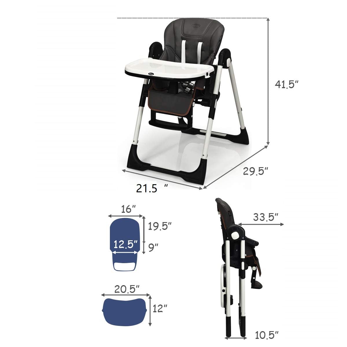 INFANS High Chair for Babies & Toddlers, Foldable Highchair with Multiple Adjustable Backrest Footrest Seat Height, Removable Tray, Detachable PU Leather Cushion, Built-in Rear Wheels