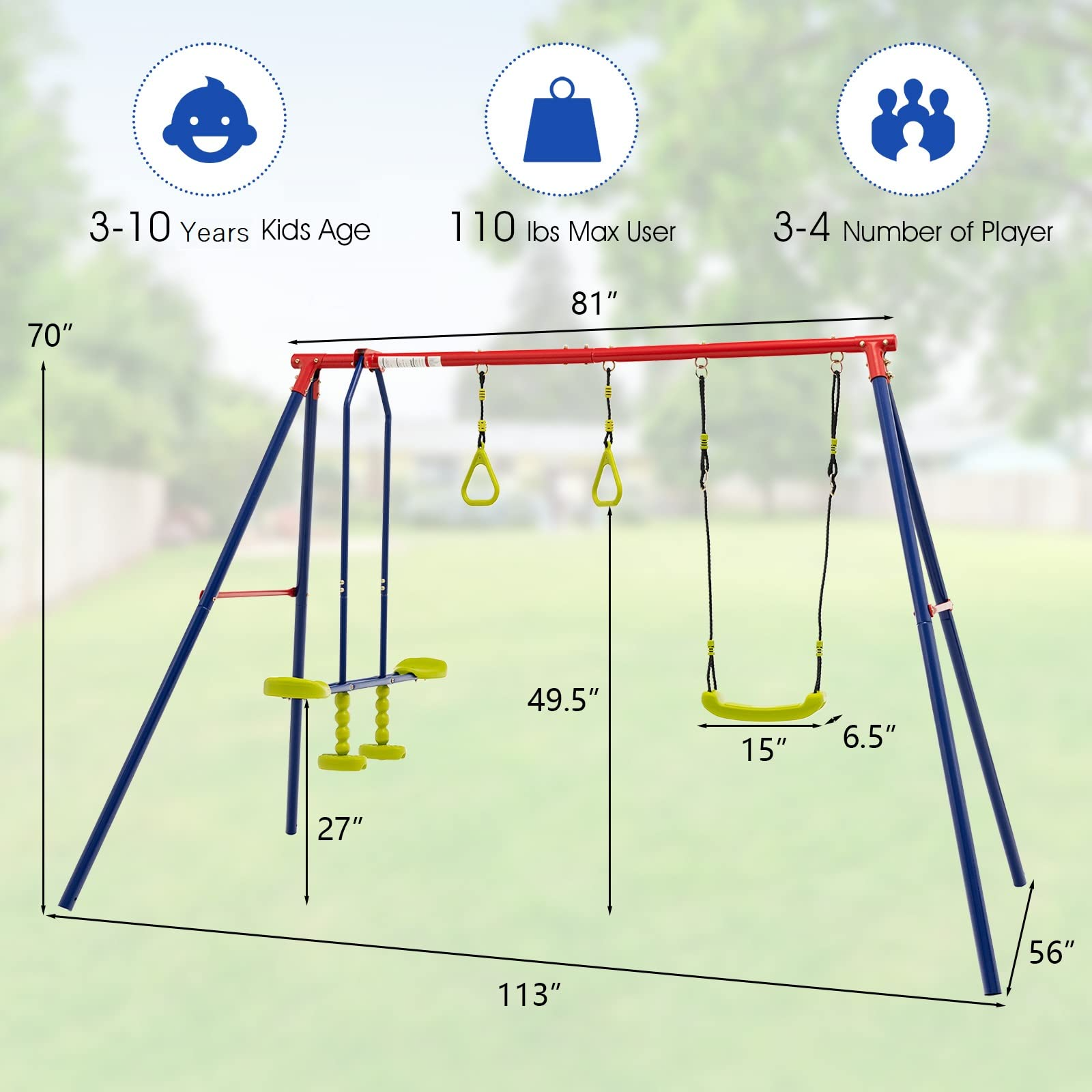 OLAKIDS 440lbs Swing Set, Outdoor 3 in 1 A-Frame Heavy Duty Metal Stand for Kids and Adults, Backyard Playground Activity Playset with Swing Seat, Glider, Trapeze Rings for Toddlers OLAKIDS