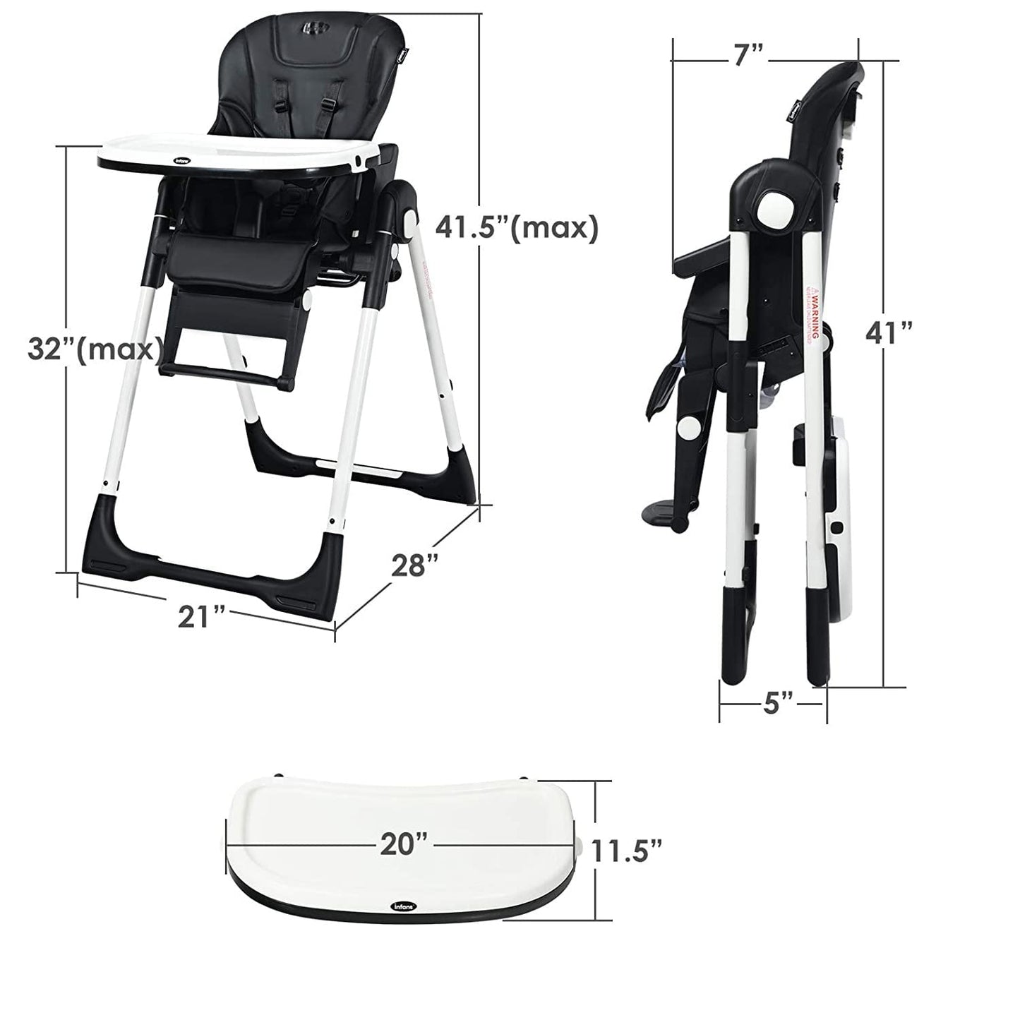 INFANS High Chair for Babies & Toddlers, Foldable Highchair with Multiple Adjustable Backrest Footrest Seat Height, Removable Tray, Detachable PU Leather Cushion, Built-in Rear Wheels