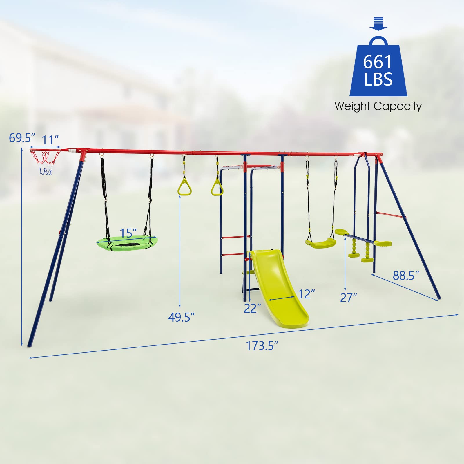 OLAKIDS 660lbs Swing Set, Outdoor A-Frame Heavy Duty Metal Swing Stand for Kids Adults, Backyard Playground Activity Playset with Slide, 2 Swings, Glider, Trapeze Rings, Monkey Bar, Basketball Hoop OLAKIDS