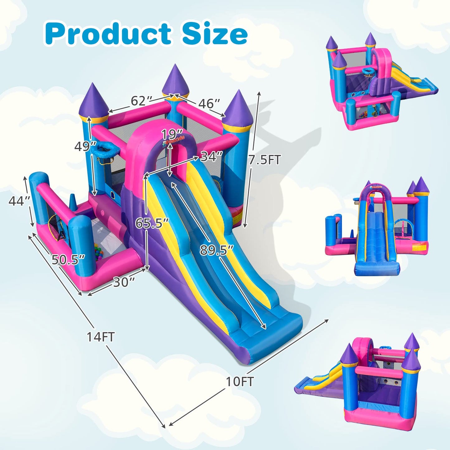 OLAKIDS Inflatable Bounce House, Kids Pink Jumping Castle with Slide, Ball Pit, Climbing Wall, Basketball Rim