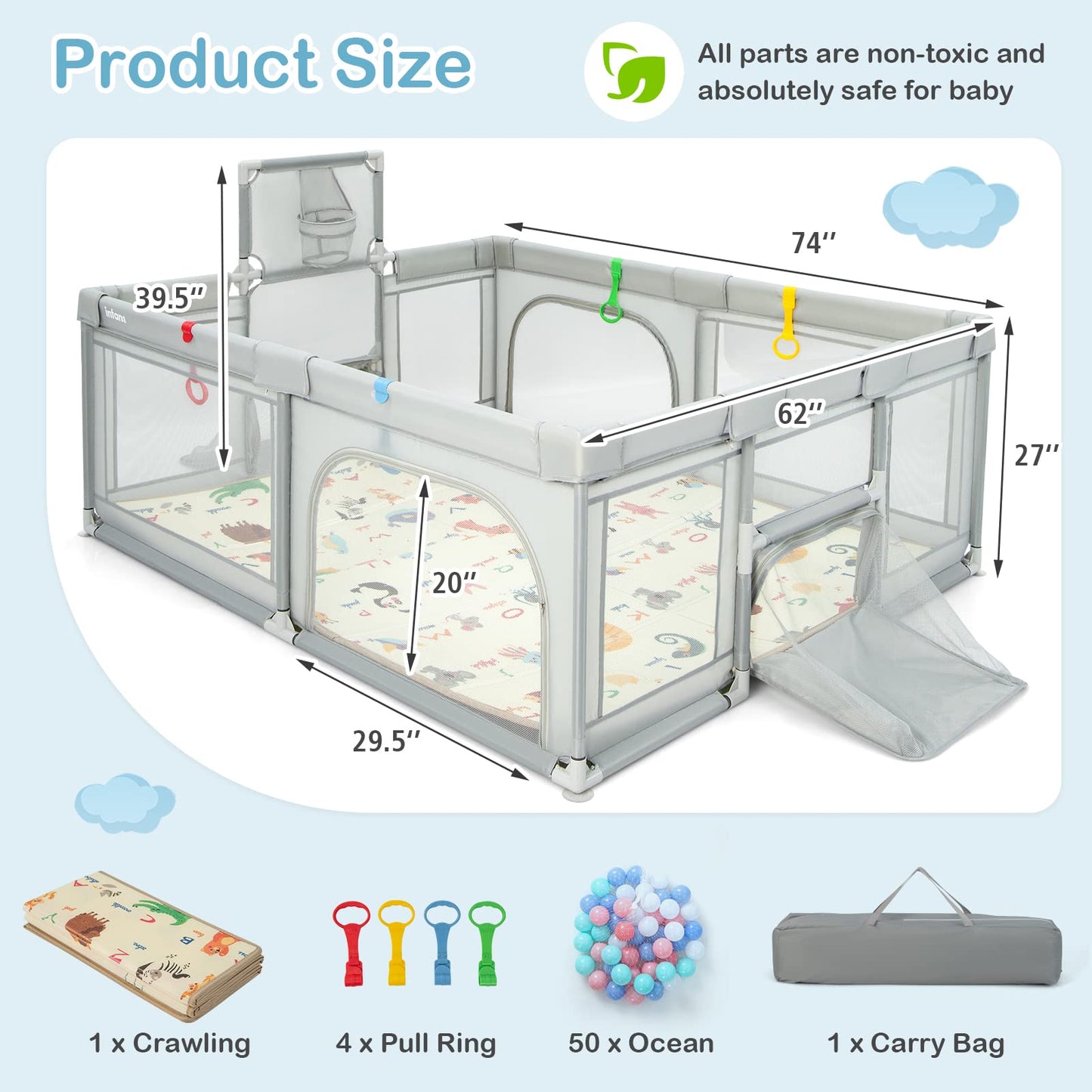 OLAKIDS Baby Playpen, Extra Large Baby Play Yard with Crawling Mat, Ocean Balls, Basketball Hoop and Football Gates