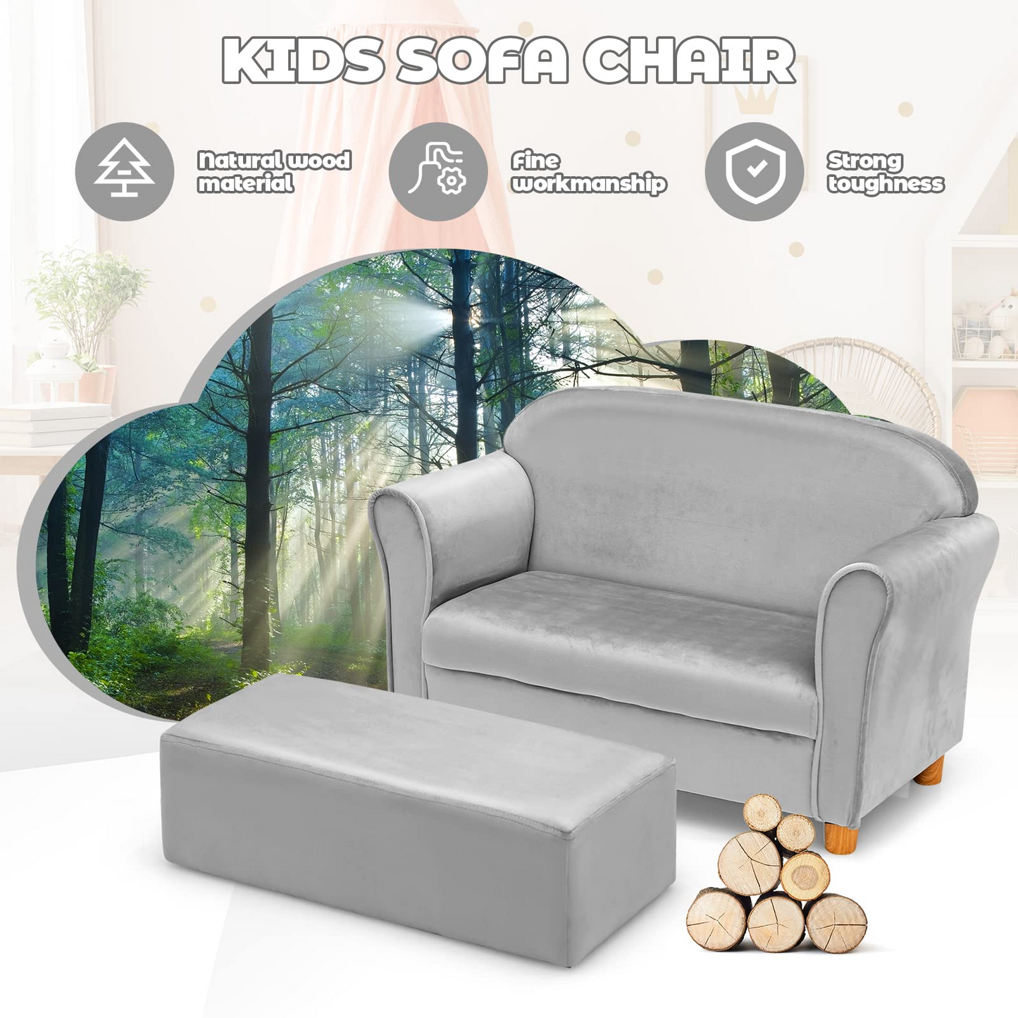 OLAKIDS Kids Sofa with Footstool, 2 Seat Toddler Upholstered Couch, Children Armrest Chair Lounge for Bedroom Nursery Kindergarten Kids Room Boys Girls OLAKIDS