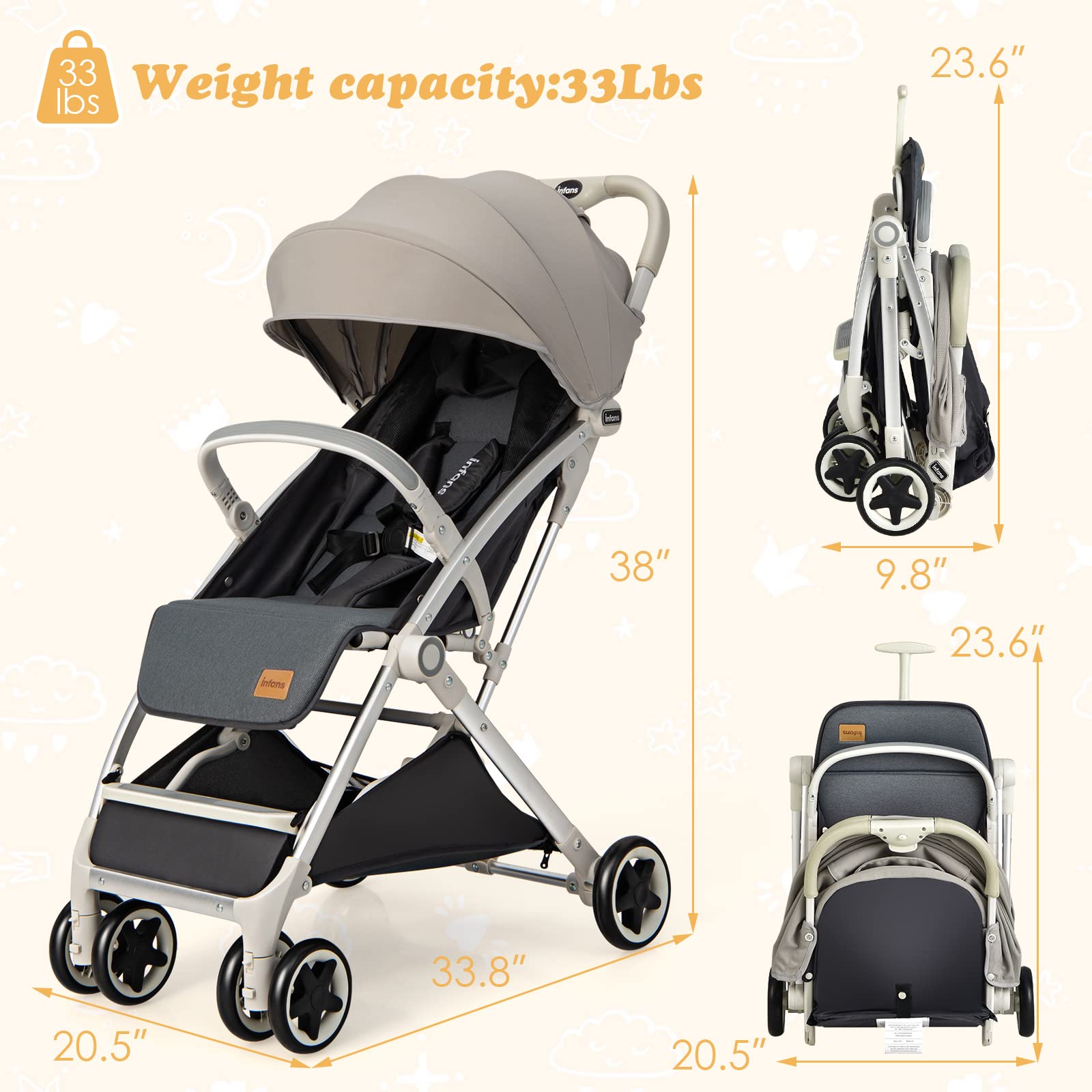 INFANS Lightweight Baby Stroller Compact Stroller with One Hand Fold Travel Stroller for Airplane with Cup Holder 5 Point Harness Foot Cover