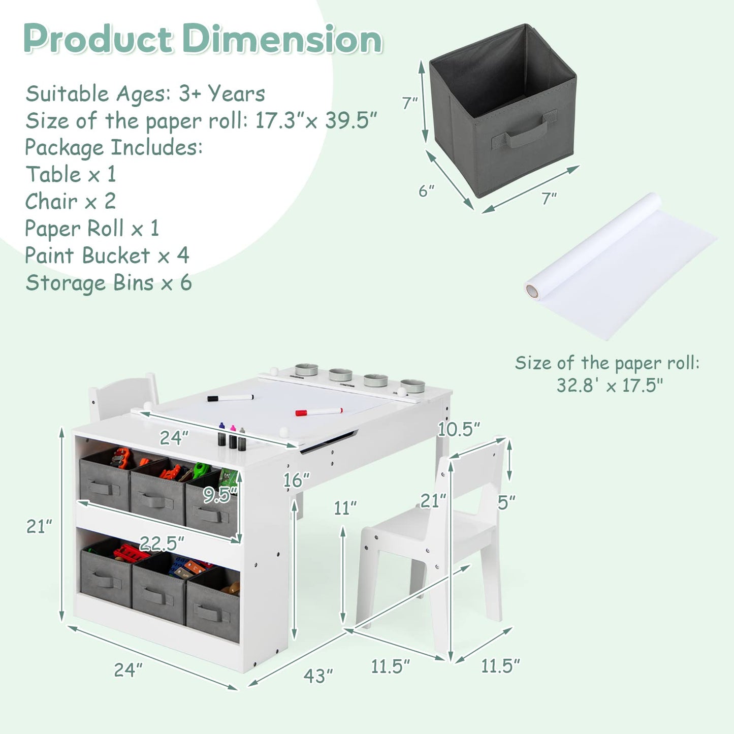 OLAKIDS Kids Art Table and 2 Chairs Set, Toddler Craft Play Wood Activity Desk with Paper Roll 6 Storage Canvas Bins 4 Paint Cups for Drawing Writing