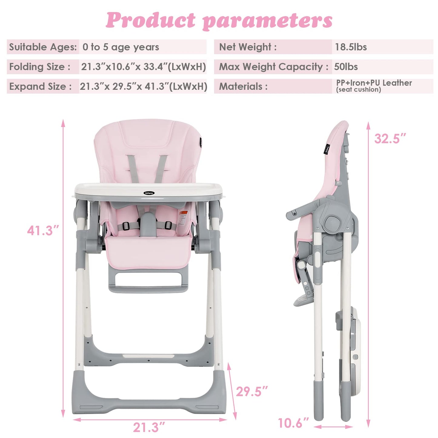 INFANS High Chair for Babies & Toddlers, Foldable Highchair with Multiple Adjustable Backrest Footrest Seat Height, Removable Tray, Detachable PU Leather Cushion, Built-in Rear Wheels