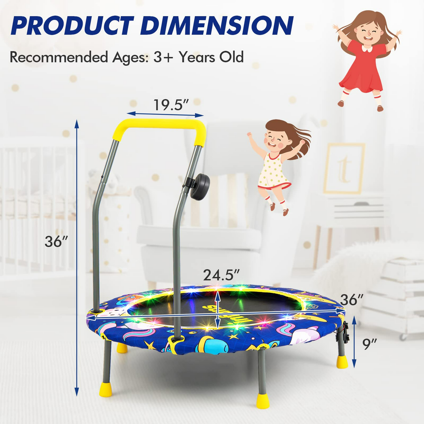 OLAKIDS 36" Foldable Mini Trampoline with Bluetooth Audio LED Lights Detachable Handrail Safty Padded Cover OLAKIDS