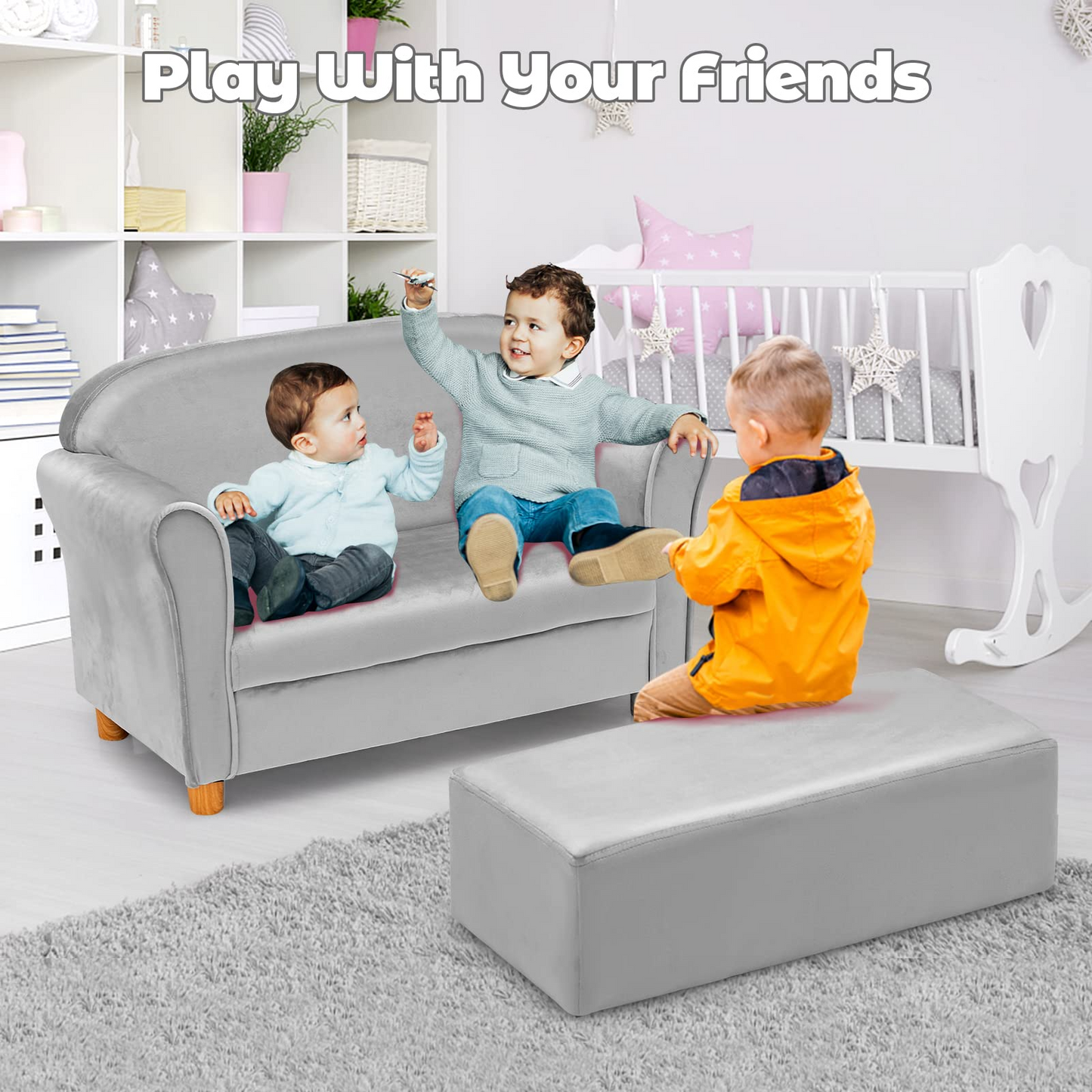 OLAKIDS Kids Sofa with Footstool, 2 Seat Toddler Upholstered Couch, Children Armrest Chair Lounge for Bedroom Nursery Kindergarten Kids Room Boys Girls OLAKIDS