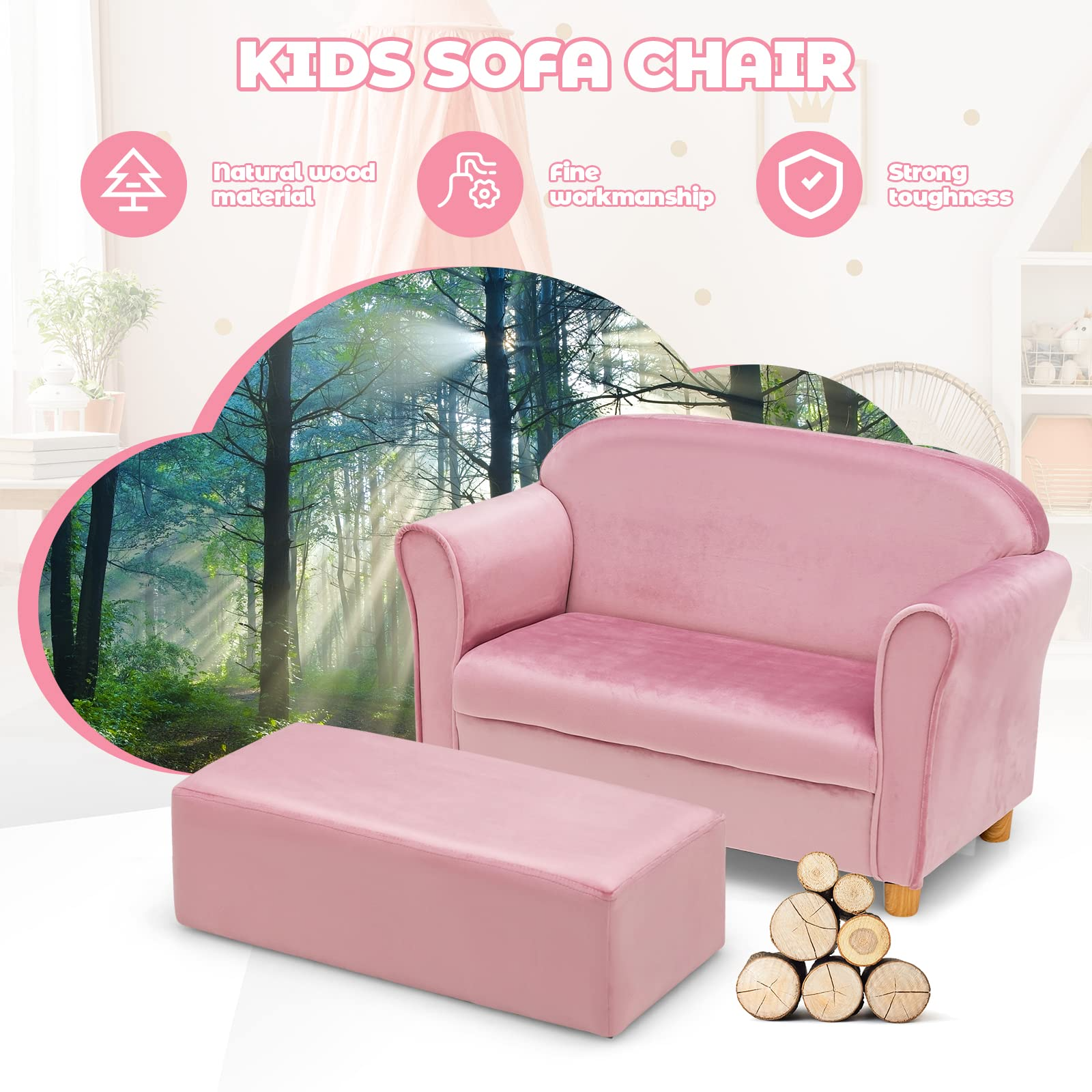 OLAKIDS Kids Sofa with Footstool, 2 Seat Toddler Upholstered Couch, Children Armrest Chair Lounge for Bedroom Nursery Kindergarten Kids Room Boys Girls OLAKIDS