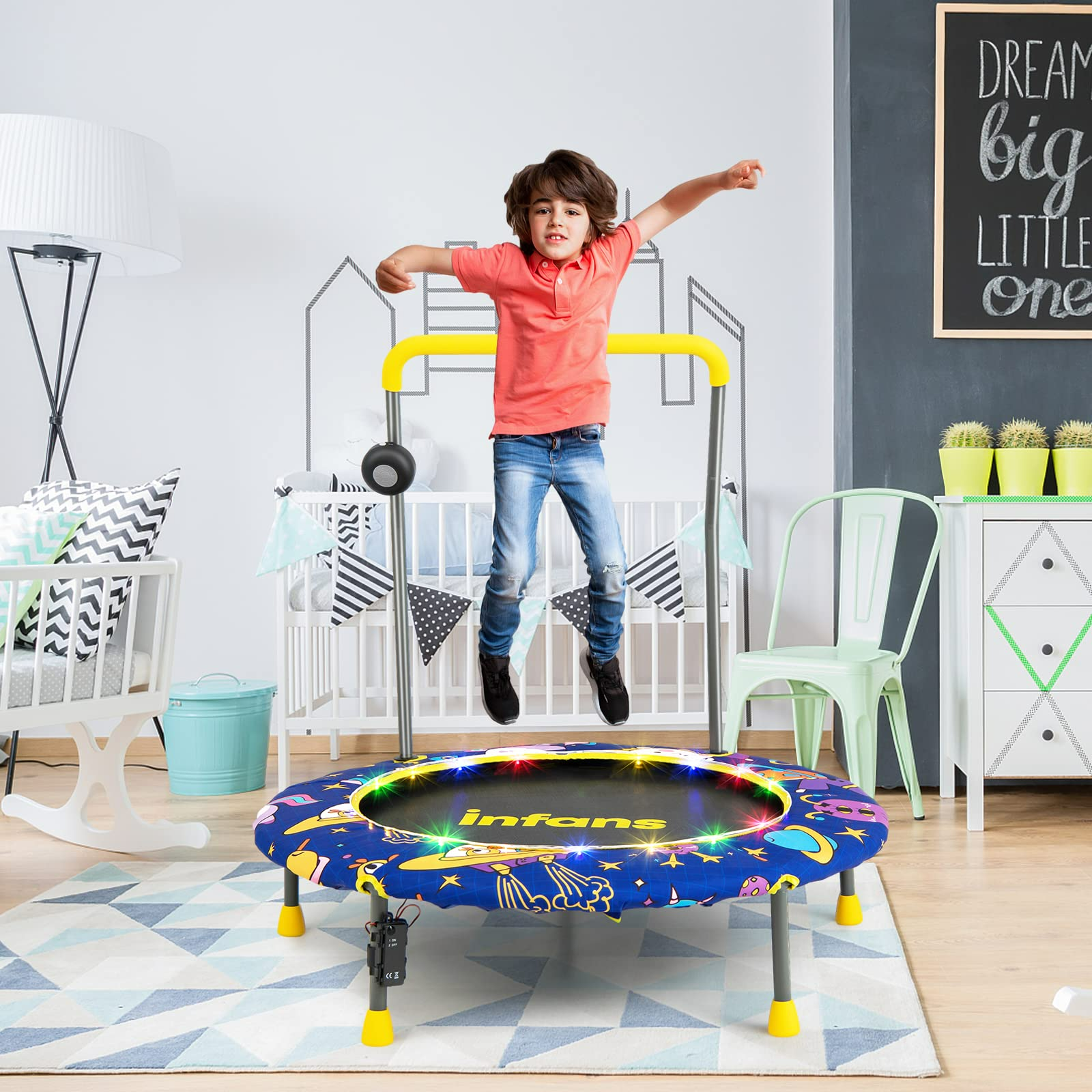 OLAKIDS 36" Foldable Mini Trampoline with Bluetooth Audio LED Lights Detachable Handrail Safty Padded Cover OLAKIDS