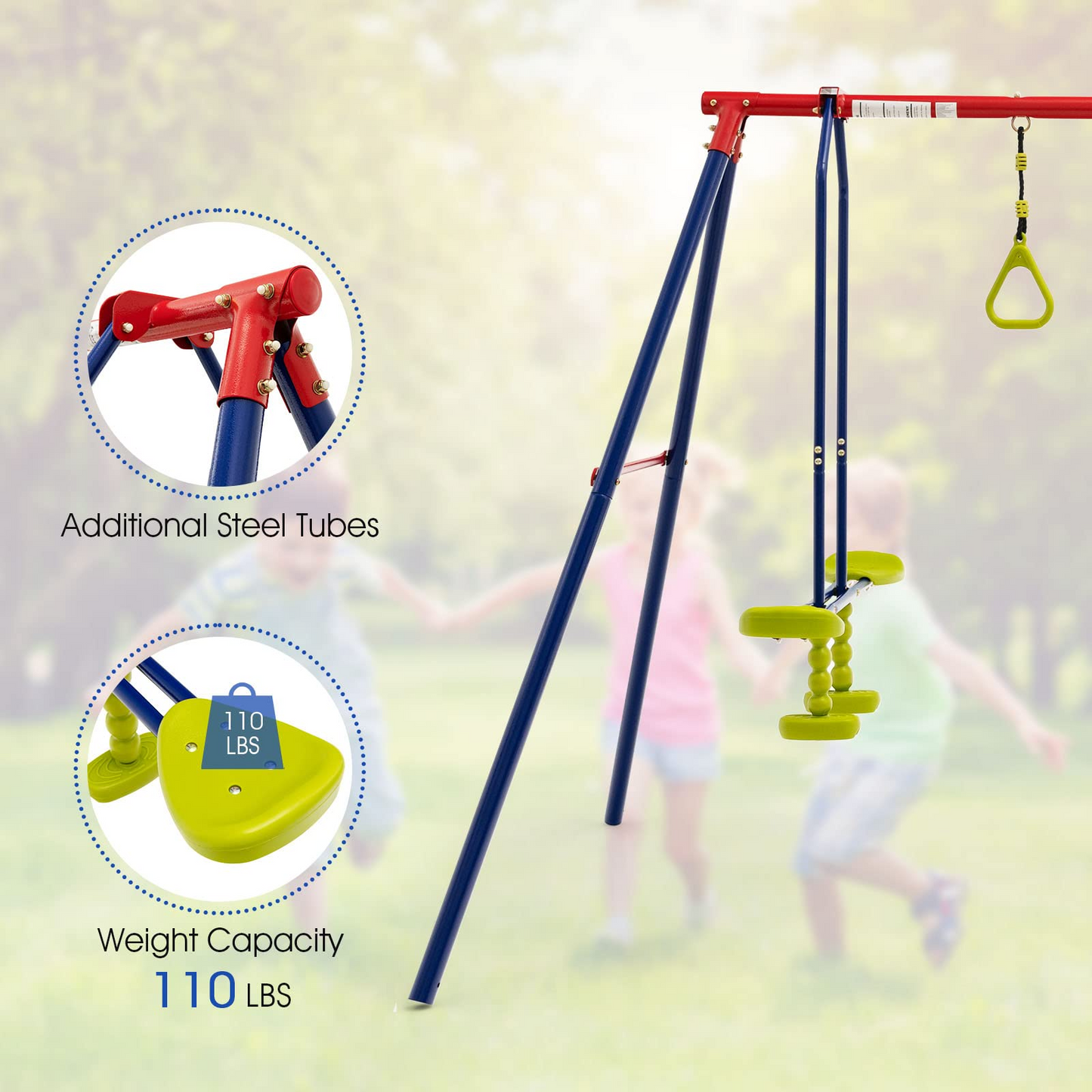 OLAKIDS 440lbs Swing Set, Outdoor 3 in 1 A-Frame Heavy Duty Metal Stand for Kids and Adults, Backyard Playground Activity Playset with Swing Seat, Glider, Trapeze Rings for Toddlers OLAKIDS