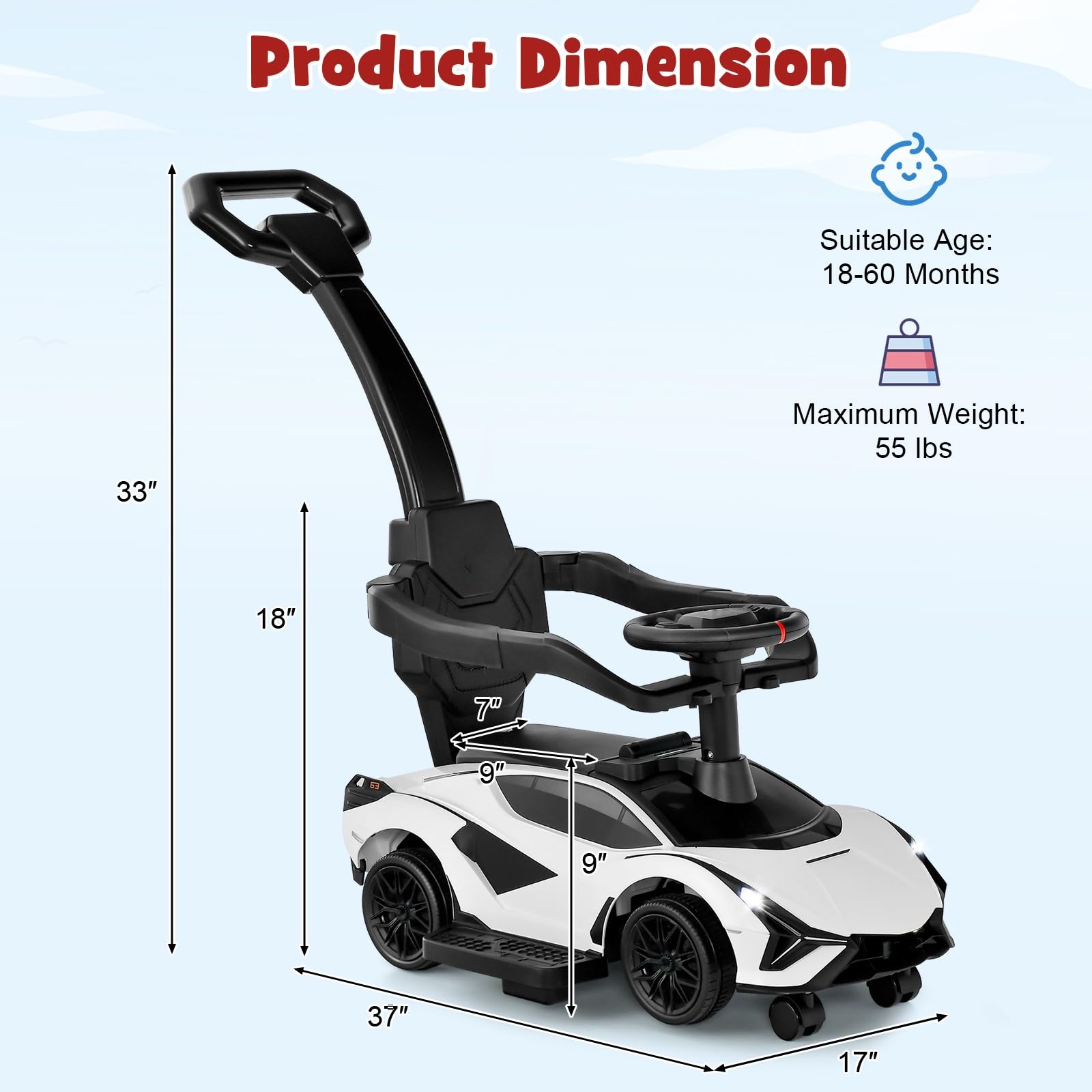 OLAKIDS 3 in 1 Ride on Push Car, Licensed Lamborghini Baby Stroller Sliding Walking Car