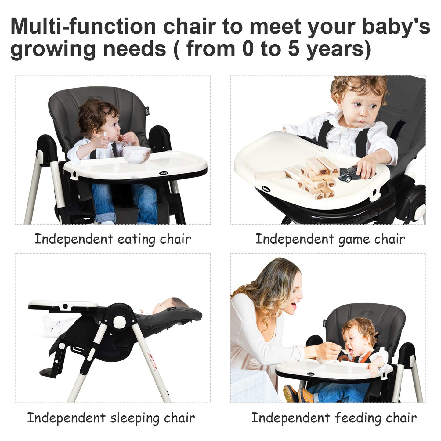 INFANS High Chair for Babies & Toddlers, Foldable Highchair with Multiple Adjustable Backrest Footrest Seat Height, Removable Tray, Detachable PU Leather Cushion, Built-in Rear Wheels