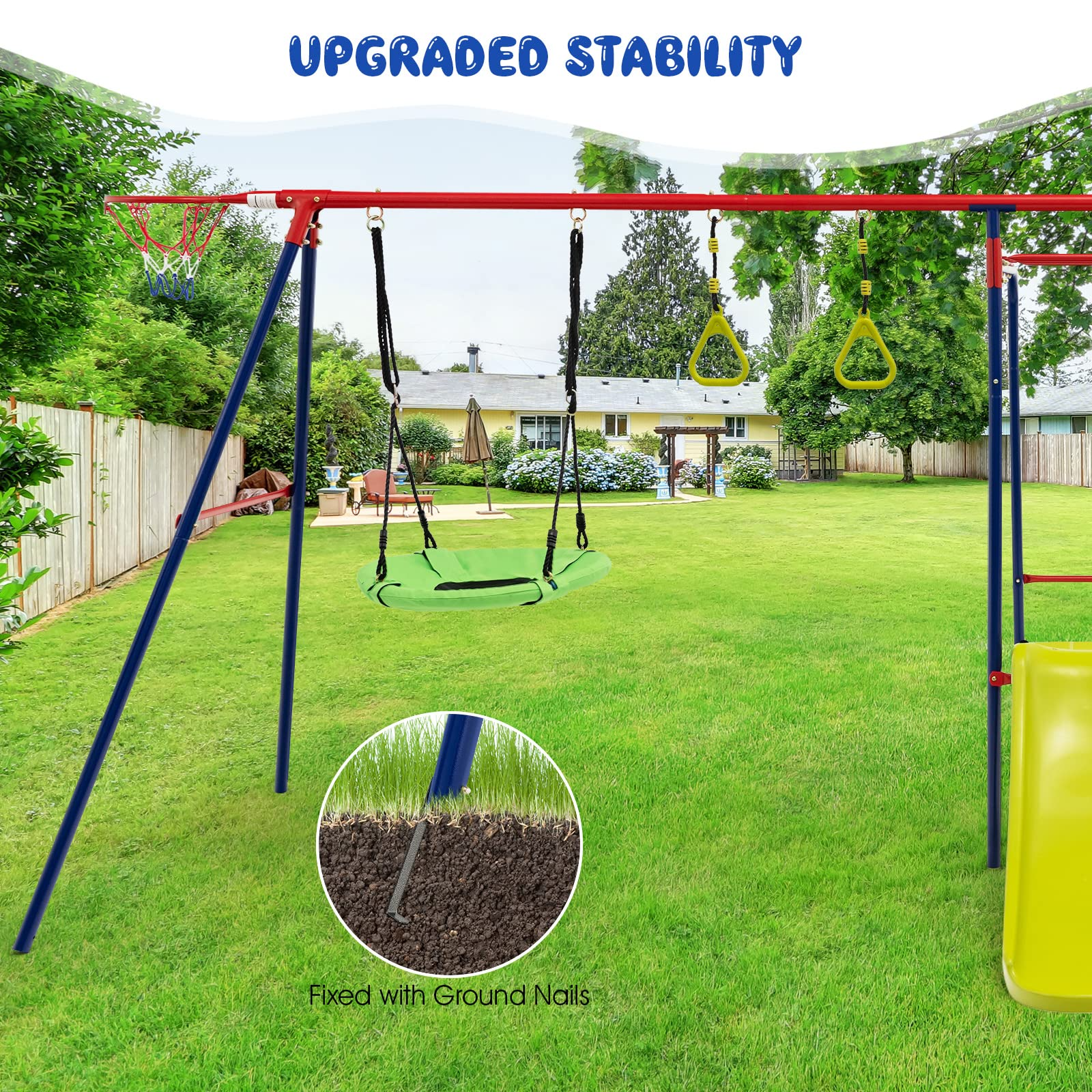 OLAKIDS 660lbs Swing Set, Outdoor A-Frame Heavy Duty Metal Swing Stand for Kids Adults, Backyard Playground Activity Playset with Slide, 2 Swings, Glider, Trapeze Rings, Monkey Bar, Basketball Hoop OLAKIDS