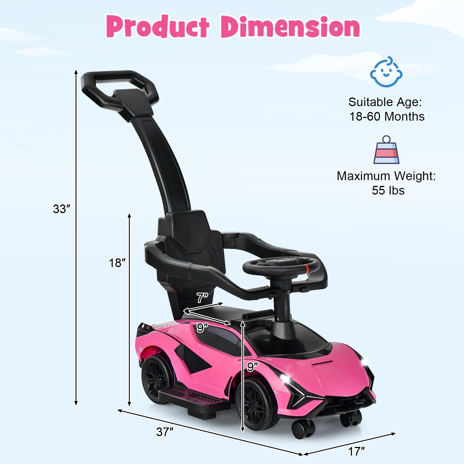 OLAKIDS 3 in 1 Ride on Push Car, Licensed Lamborghini Baby Stroller Sliding Walking Car