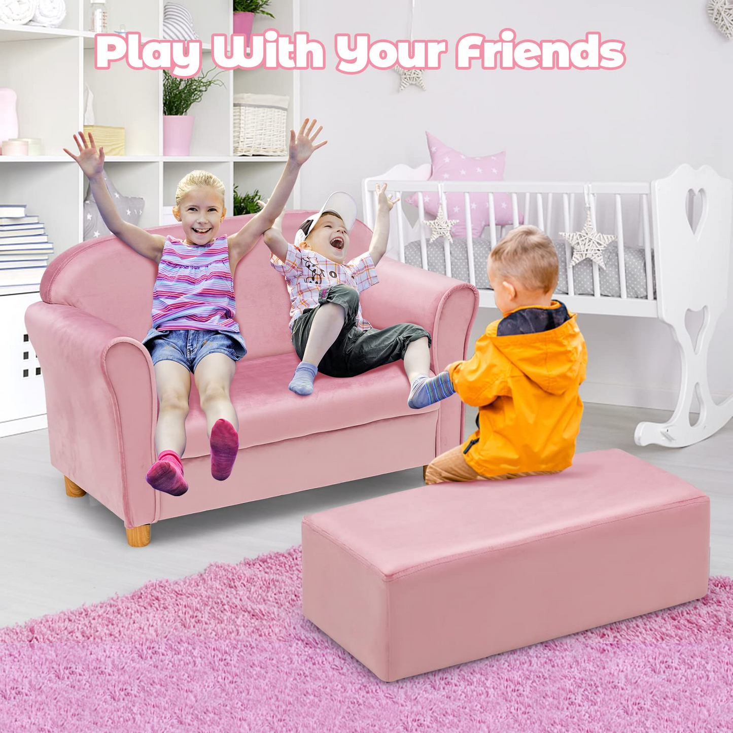 OLAKIDS Kids Sofa with Footstool, 2 Seat Toddler Upholstered Couch, Children Armrest Chair Lounge for Bedroom Nursery Kindergarten Kids Room Boys Girls OLAKIDS