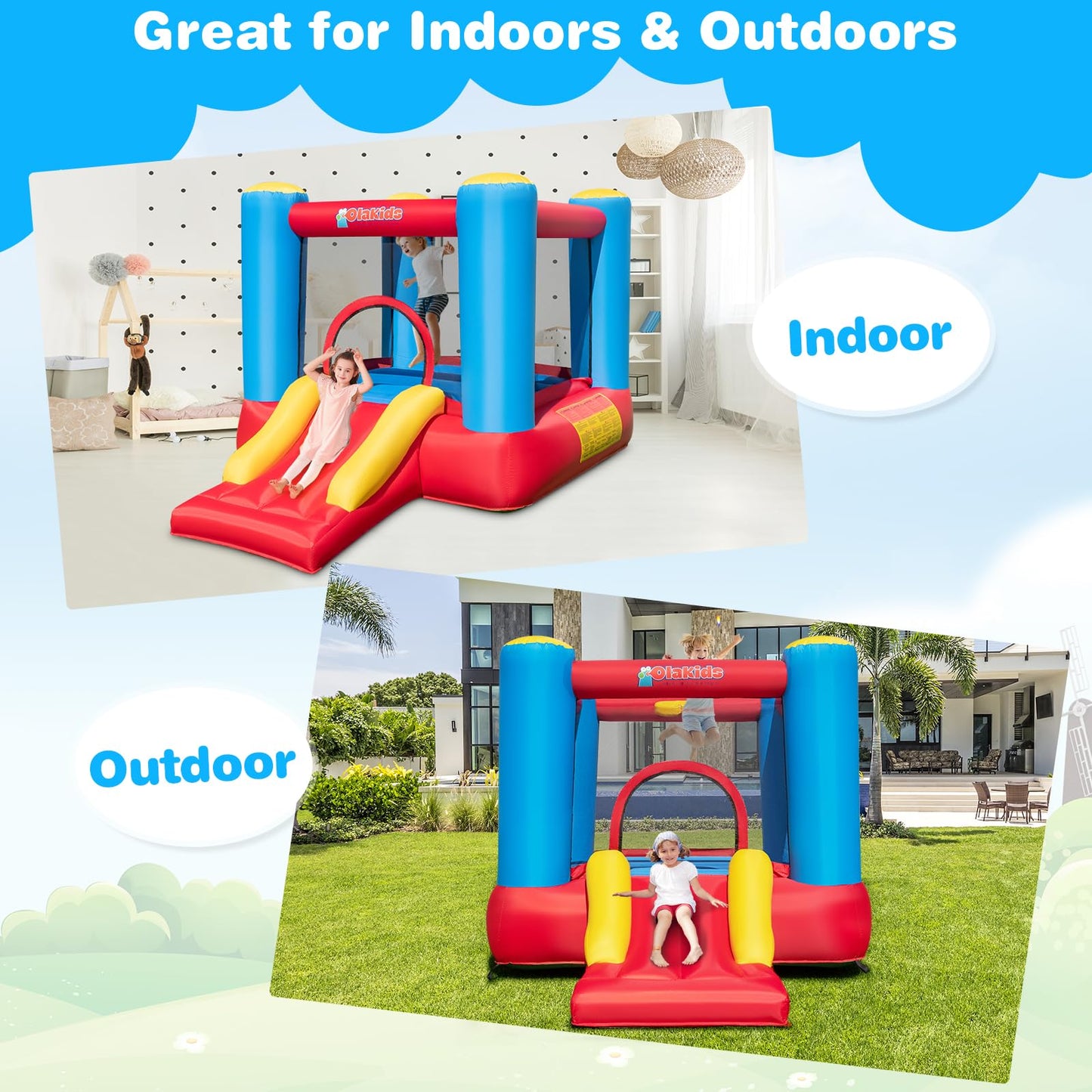 OLAKIDS Inflatable Bounce House, 3 in 1 Kids Jumping Castle, Indoor Outdoor Inflatable Obstacle Course (with 480W Blower)