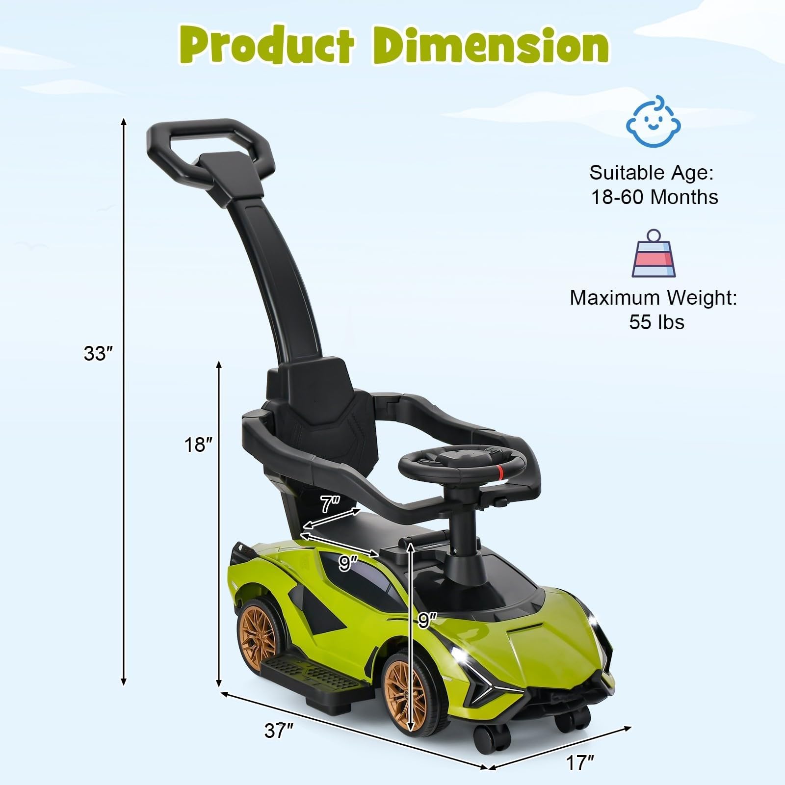 OLAKIDS 3 in 1 Ride on Push Car, Licensed Lamborghini Baby Stroller Sliding Walking Car
