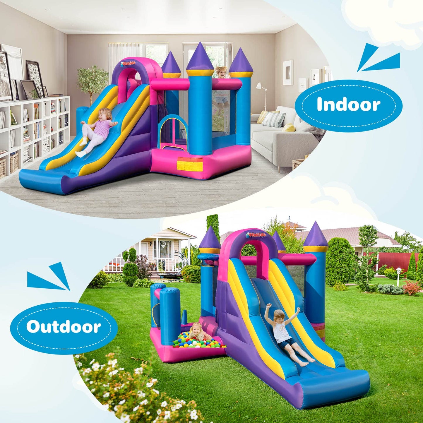 OLAKIDS Inflatable Bounce House, Kids Pink Jumping Castle with Slide, Ball Pit, Climbing Wall, Basketball Rim