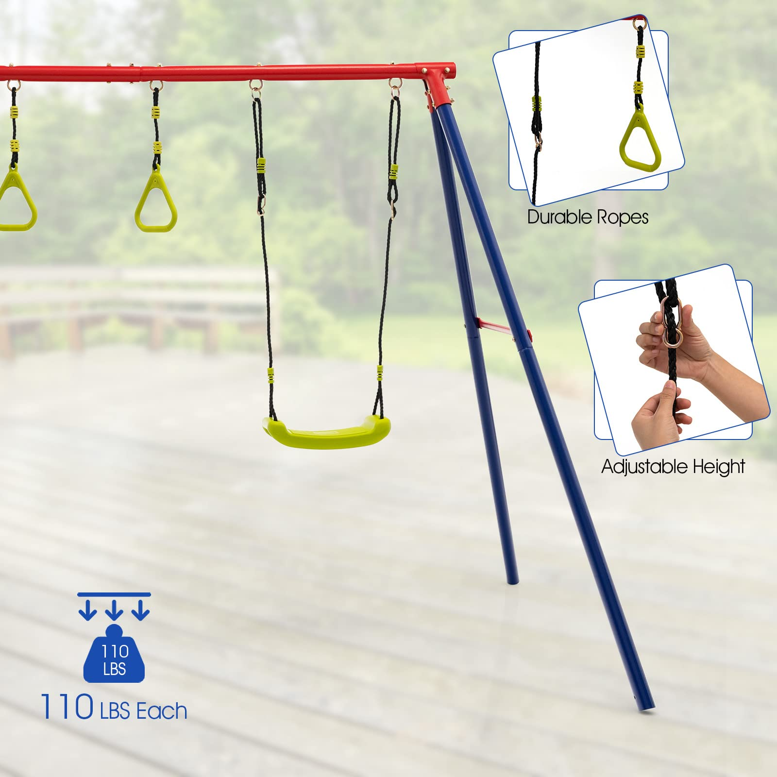 OLAKIDS 440lbs Swing Set, Outdoor 3 in 1 A-Frame Heavy Duty Metal Stand for Kids and Adults, Backyard Playground Activity Playset with Swing Seat, Glider, Trapeze Rings for Toddlers OLAKIDS