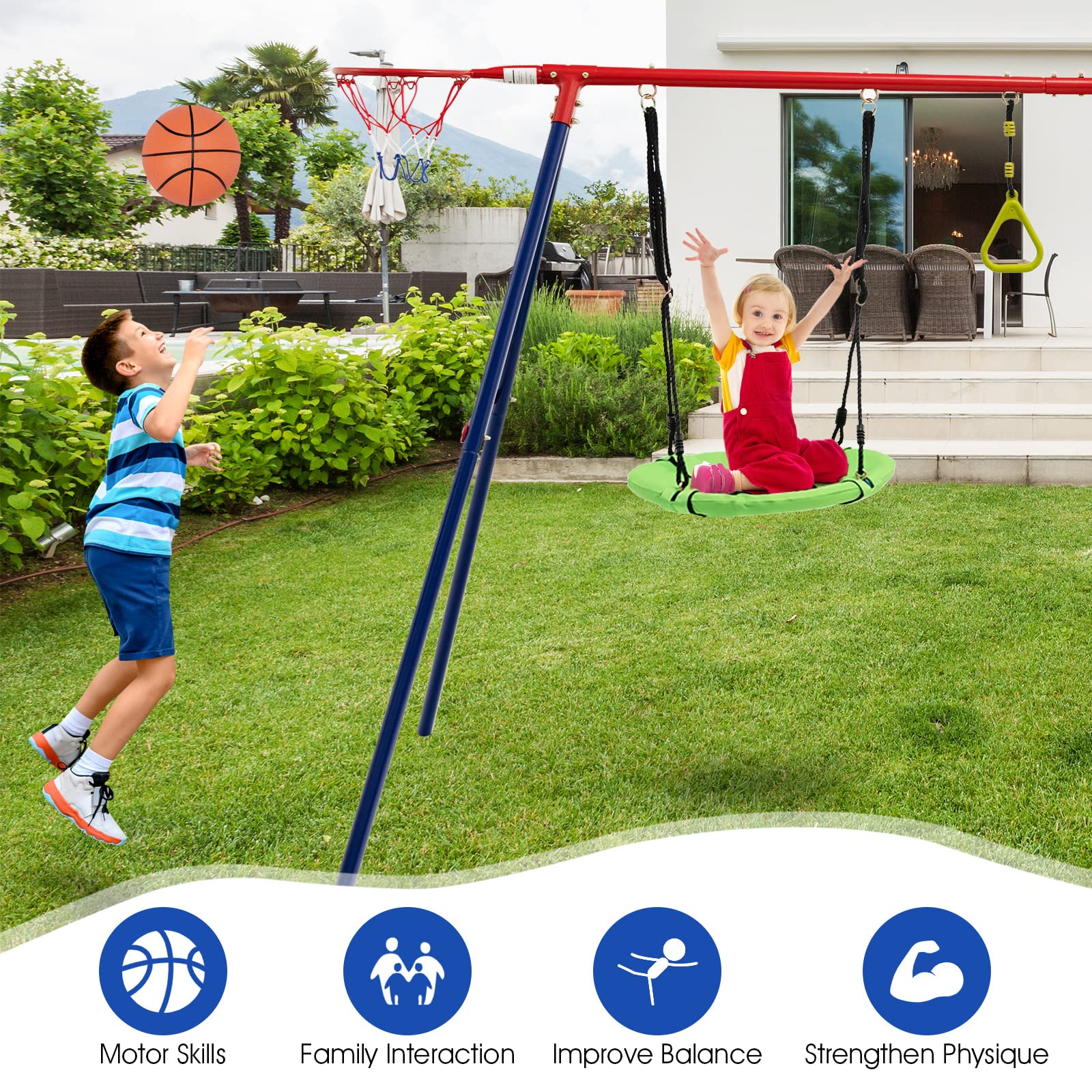 OLAKIDS 660lbs Swing Set, Outdoor A-Frame Heavy Duty Metal Swing Stand for Kids Adults, Backyard Playground Activity Playset with Slide, 2 Swings, Glider, Trapeze Rings, Monkey Bar, Basketball Hoop OLAKIDS