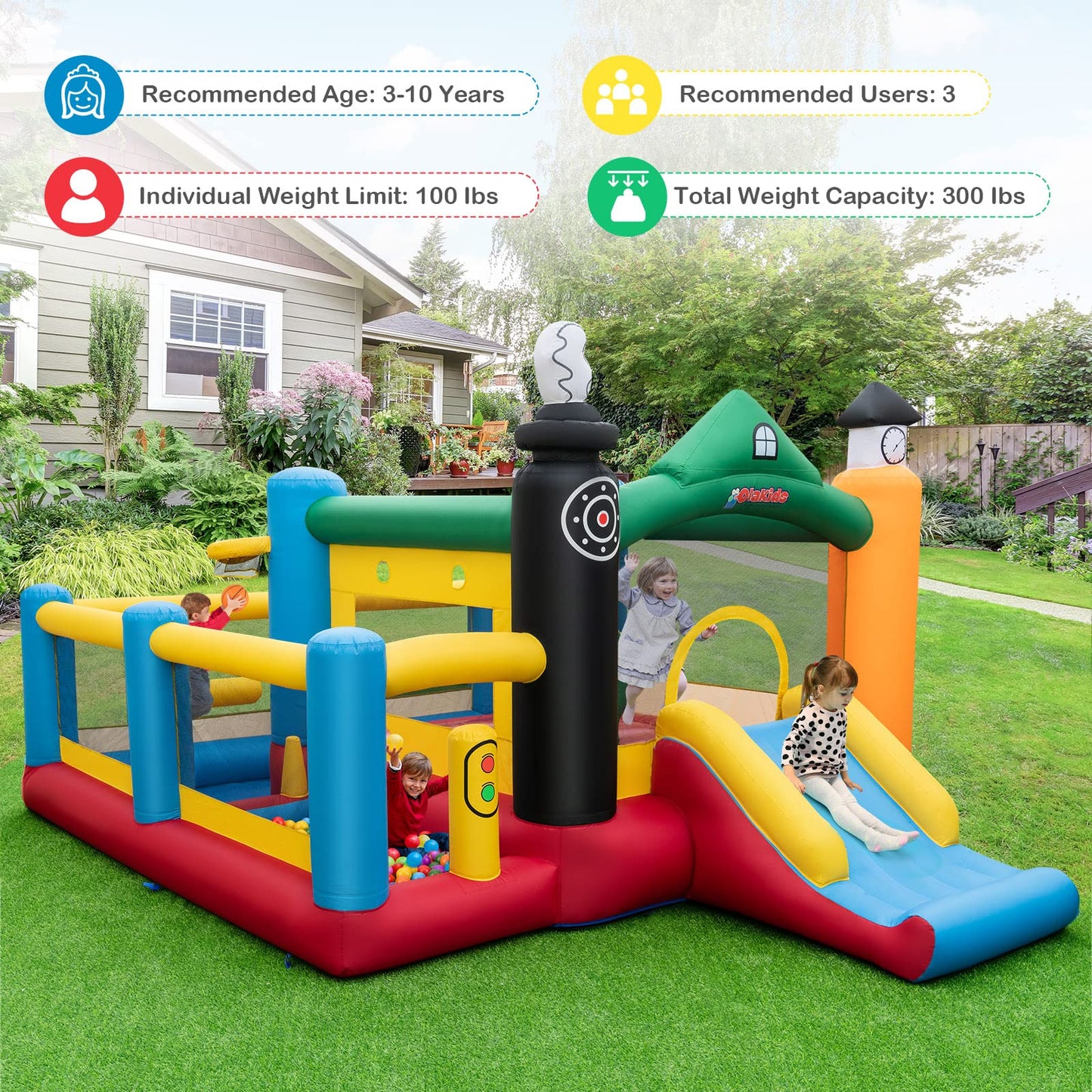 OLAKIDS Inflatable Bounce House, Train Theme Kids Jumping Castle with Slide Ball Pit Basketball Rim